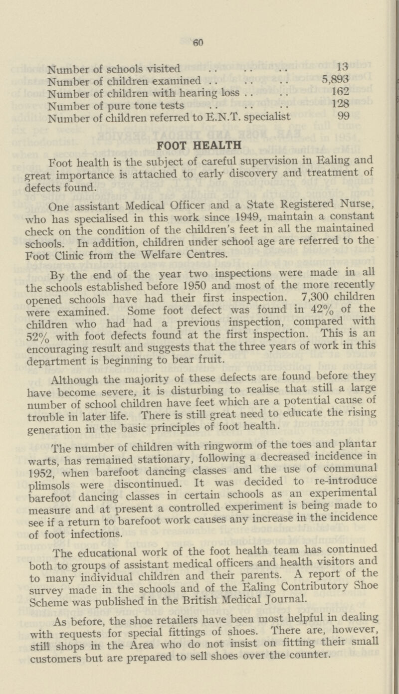 60 Number of schools visited 13 Number of children examined 5,893 Number of children with hearing loss 162 Number of pure tone tests 128 Number of children referred to E.N.T. specialist 99 FOOT HEALTH Foot health is the subject of careful supervision in Ealing and great importance is attached to early discovery and treatment of defects found. One assistant Medical Officer and a State Registered Nurse, who has specialised in this work since 1949, maintain a constant check on the condition of the children's feet in all the maintained schools. In addition, children under school age are referred to the Foot Clinic from the Welfare Centres. By the end of the year two inspections were made in all the schools established before 1950 and most of the more recently opened schools have had their first inspection. 7,300 children were examined. Some foot defect was found in 42% of the children who had had a previous inspection, compared with 52% with foot defects found at the first inspection. This is an encouraging result and suggests that the three years of work in this department is beginning to bear fruit. Although the majority of these defects are found before they have become severe, it is disturbing to realise that still a large number of school children have feet which are a potential cause of trouble in later life. There is still great need to educate the rising generation in the basic principles of foot health. The number of children with ringworm of the toes and plantar warts, has remained stationary, following a decreased incidence in 1952, when barefoot dancing classes and the use of communal plimsols were discontinued. It was decided to re-introduce barefoot dancing classes in certain schools as an experimental measure and at present a controlled experiment is being made to see if a return to barefoot work causes any increase in the incidence of foot infections. The educational work of the foot health team has continued both to groups of assistant medical officers and health visitors and to many individual children and their parents. A report of the survey made in the schools and of the Ealing Contributory Shoe Scheme was published in the British Medical Journal. As before, the shoe retailers have been most helpful in dealing with requests for special fittings of shoes. There are, however, still shops in the Area who do not insist on fitting their small customers but are prepared to sell shoes over the counter.