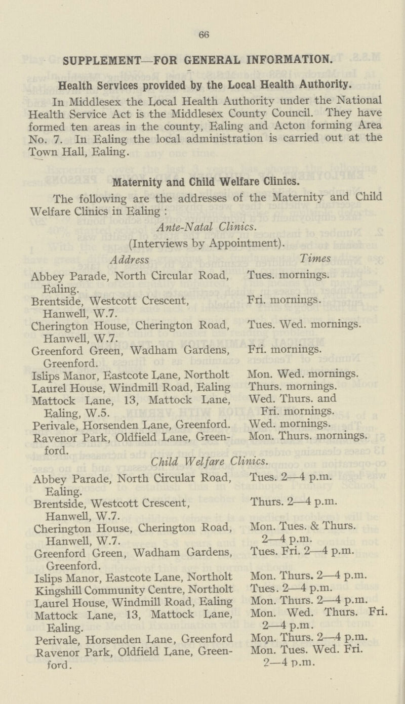 66 SUPPLEMENT—FOR GENERAL INFORMATION. Health Services provided by the Local Health Authority. In Middlesex the Local Health Authority under the National Health Service Act is the Middlesex County Council. They have formed ten areas in the county, Ealing and Acton forming Area No. 7. In Ealing the local administration is carried out at the Town Hall, Ealing. Maternity and Child Welfare Clinics. The following are the addresses of the Maternity and Child Welfare Clinics in Ealing: Ante-Natal Clinics. (Interviews by Appointment). Address Times Abbey Parade, North Circular Road, Tues. mornings. Ealing. Brentside, Westcott Crescent, Fri. mornings. Hanwell, W.7. Cherington House, Cherington Road, Tues. Wed. mornings. Hanwell, W.7. Greenford Green, Wadham Gardens, Fri. mornings. Greenford. Islips Manor, Eastcote Lane, Northolt Mon. Wed. mornings. Laurel House, Windmill Road, Ealing Thurs. mornings. Mattock Lane, 13, Mattock Lane, Wed. Thurs. and Ealing, W.5. Fri. mornings. Perivale, Horsenden Lane, Greenford. Wed. mornings. Ravenor Park, Oldfield Lane, Green¬ Mon. Thurs. mornings. ford. Child Welfare Clinics. Abbey Parade, North Circular Road, Tues. 2—4 p.m. Ealing. Brentside, Westcott Crescent, Thurs. 2—4 p.m. Hanwell, W.7. Cherington House, Cherington Road, Mon. Tues. & Thurs. Hanwell, W.7. 2—4 p.m. Greenford Green, Wadham Gardens, Tues. Fri. 2—4 p.m. Greenford. Islips Manor, Eastcote Lane, Northolt Mon. Thurs. 2—4 p.m. Kingshill Community Centre, Northolt Tues. 2—4 p.m. Laurel House, Windmill Road, Ealing Mon. Thurs. 2—4 p.m. Mattock Lane, 13, Mattock Lane, Mon. Wed. Thurs. Fri. Ealing. 2—4 p.m. Perivale, Horsenden Lane, Greenford Mon. Thurs. 2—4 p.m. Ravenor Park, Oldfield Lane, Green¬ Mon. Tues. Wed. Fri. ford. 2—4p.m.