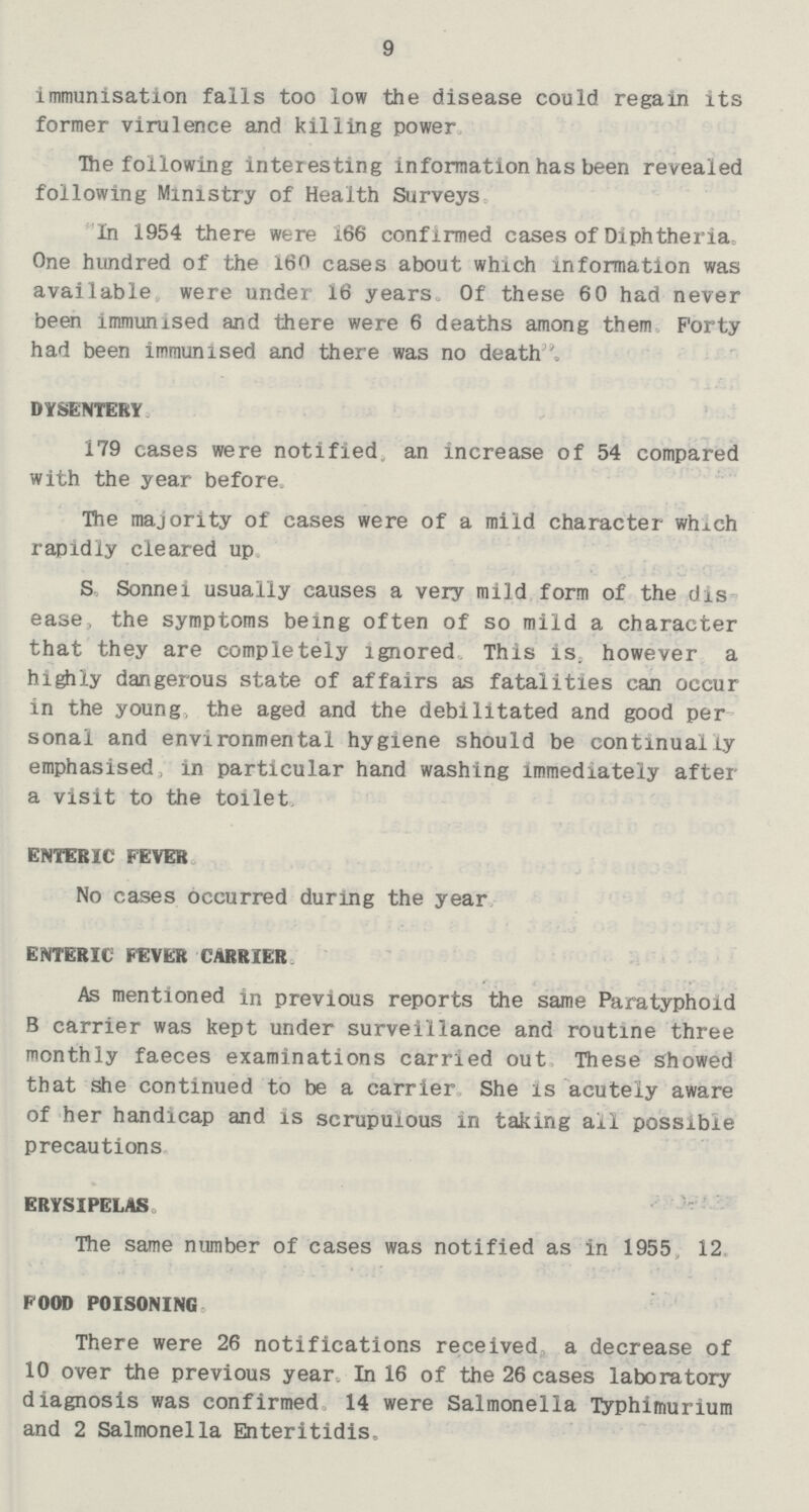 9 immunisation falls too low the disease could regain its former virulence and killing power The following interesting information has been revealed following Ministry of Health Surveys In 1954 there were 166 confirmed cases of Diphtheria, One hundred of the 160 cases about which information was available were under 16 years Of these 60 had never been immunised and there were 6 deaths among them Forty had been immunised and there was no death DYSENTERY 179 cases were notified an increase of 54 compared with the year before The majority of cases were of a mild character wh^ch rapidly cleared up S Sonnei usually causes a very mild form of the dis ease, the symptoms being often of so mild a character that they are completely ignored This is. however a highly dangerous state of affairs as fatalities can occur in the young, the aged and the debilitated and good per sonal and environmental hygiene should be continually emphasised, in particular hand washing immediately after a visit to the toilet ENTERIC FEVER No cases occurred during the year ENTERIC FEVER CARRIER As mentioned in previous reports the same Paratyphoid B carrier was kept under surveillance and routine three monthly faeces examinations carried out These showed that die continued to be a carrier She is acutely aware of her handicap and is scrupulous in taking all possible precautions ERYSIPELAS The same number of cases was notified as in 1955 12 FOOD POISONING There were 26 notifications received a decrease of 10 over the previous year. In 16 of the 26 cases laboratory diagnosis was confirmed 14 were Salmonella Typhimurium and 2 Salmonella Enteritidis.
