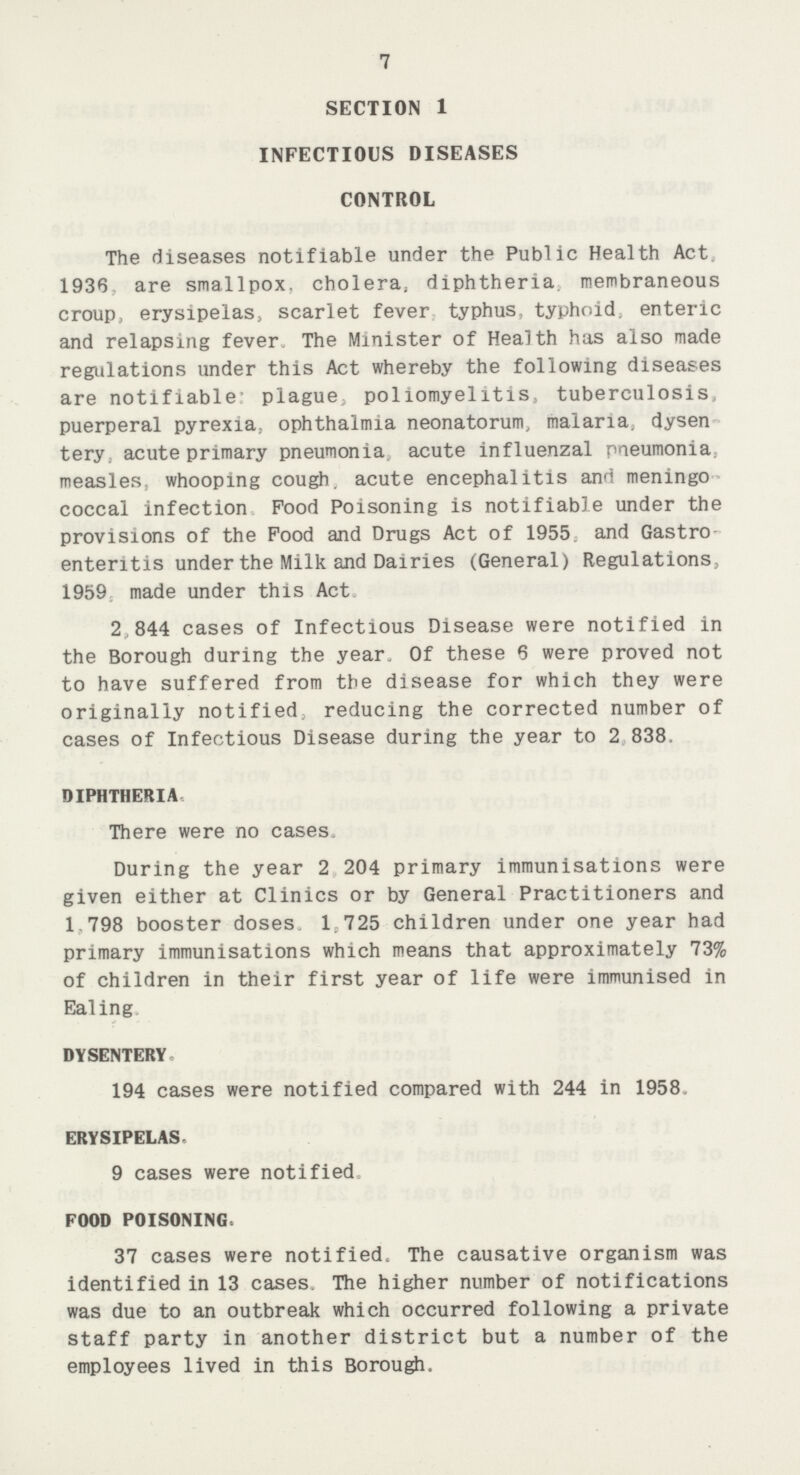 7 SECTION 1 INFECTIOUS DISEASES CONTROL The diseases notifiable under the Public Health Act. 1936 are smallpox, cholera, diphtheria, membraneous croup, erysipelas, scarlet fever typhus, typhoid, enteric and relapsing fever. The Minister of Health has also made regulations under this Act whereby the following diseases are notifiable: plague, poliomyelitis, tuberculosis, puerperal pyrexia, ophthalmia neonatorum, malaria, dysen tery. acute primary pneumonia, acute influenzal pneumonia, measles, whooping cough, acute encephalitis and meningo coccal infection Pood Poisoning is notifiable under the provisions of the Pood and Drugs Act of 1955 and Gastro enteritis under the Milk and Dairies (General) Regulations, 1959 made under this Act. 2,844 cases of Infectious Disease were notified in the Borough during the year. Of these 6 were proved not to have suffered from the disease for which they were originally notified, reducing the corrected number of cases of Infectious Disease during the year to 2 838. DIPHTHERIA There were no cases. During the year 2 204 primary immunisations were given either at Clinics or by General Practitioners and 1.798 booster doses. 1.725 children under one year had primary immunisations which means that approximately 73% of children in their first year of life were immunised in Ealing DYSENTERY. 194 cases were notified compared with 244 in 1958. ERYSIPELAS 9 cases were notified FOOD POISONING. 37 cases were notified. The causative organism was identified in 13 cases. The higher number of notifications was due to an outbreak which occurred following a private staff party in another district but a number of the employees lived in this Borough.