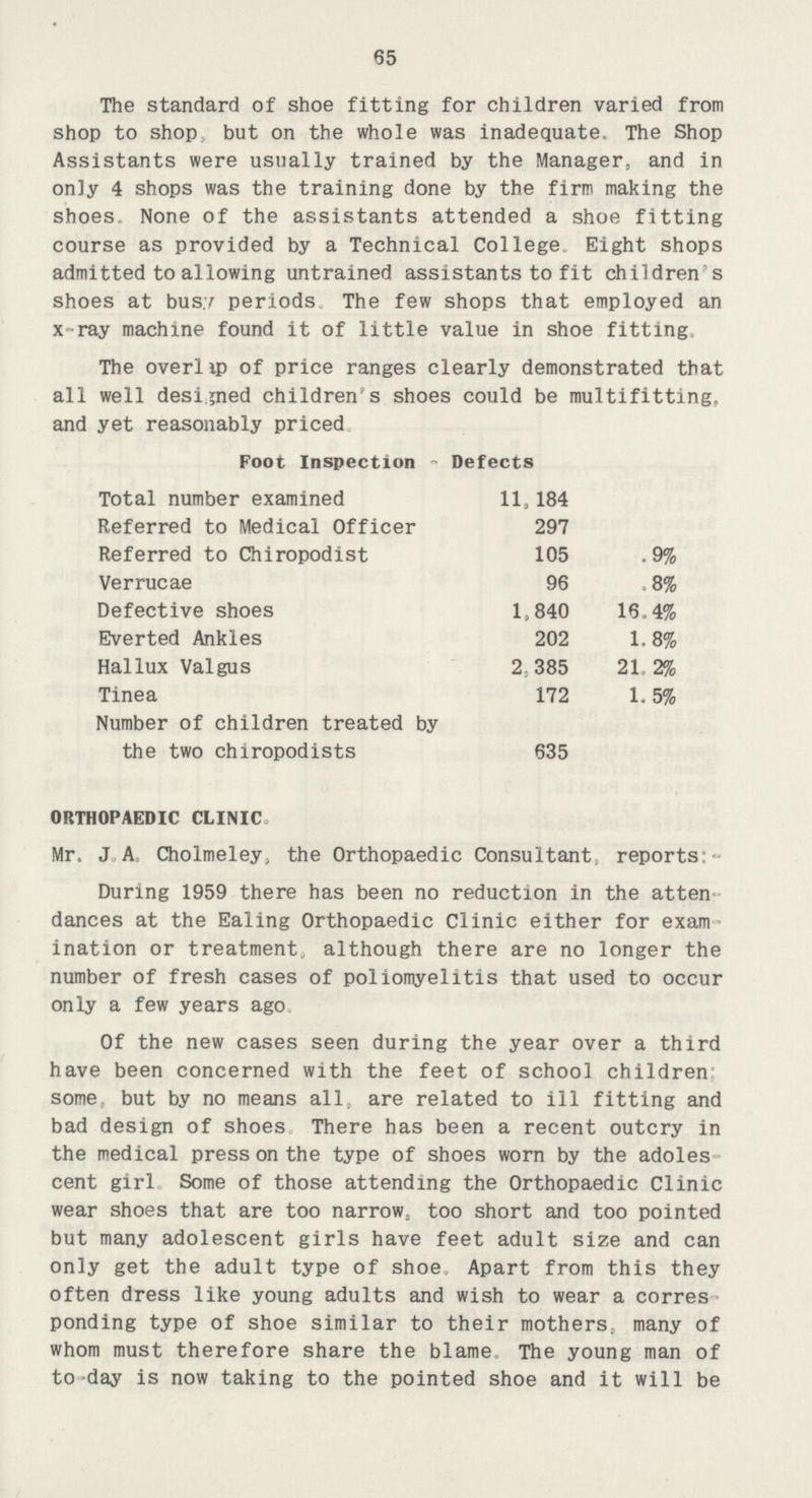 The standard of shoe fitting for children varied from shop to shop, but on the whole was inadequate. The Shop Assistants were usually trained by the Manager, and in only 4 shops was the training done by the firm making the shoes None of the assistants attended a shoe fitting course as provided by a Technical College Eight shops admitted to allowing untrained assistants to fit children's shoes at busy periods The few shops that employed an x-ray machine found it of little value in shoe fitting. The overlip of price ranges clearly demonstrated that all well designed children's shoes could be multifitting, and yet reasonably priced Foot Inspection - Defects Total number examined ll,184 Referred to Medical Officer 297 Referred to Chiropodist 105 .9% Verrucae 96 .8% Defective shoes 1,840 16,4% Everted Ankles 202 1,8% Hallux Valgus 2;385 21.2% Tinea 172 1.5% Number of children treated by the two chiropodists 635 ORTHOPAEDIC CLINIC Mr, J.A. Cholmeley, the Orthopaedic Consultant reports:- During 1959 there has been no reduction in the atten dances at the Ealing Orthopaedic Clinic either for exam ination or treatment, although there are no longer the number of fresh cases of poliomyelitis that used to occur only a few years ago. Of the new cases seen during the year over a third have been concerned with the feet of school children some, but by no means all. are related to ill fitting and bad design of shoes There has been a recent outcry in the medical press on the type of shoes worn by the adoles cent girl Some of those attending the Orthopaedic Clinic wear shoes that are too narrow, too short and too pointed but many adolescent girls have feet adult size and can only get the adult type of shoe Apart from this they often dress like young adults and wish to wear a corres ponding type of shoe similar to their mothers, many of whom must therefore share the blame. The young man of to-day is now taking to the pointed shoe and it will be