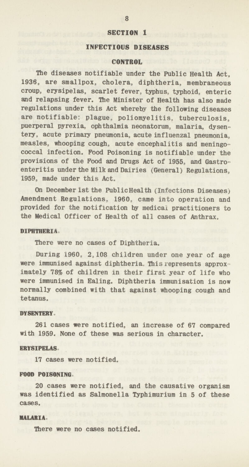 8 SECTION 1 INFECTIOUS DISEASES CONTROL The diseases notifiable under the Public Health Act, 1936, are smallpox,, cholera, diphtheria, membraneous croup, erysipelas, scarlet fever, typhus, typhoid, enteric and relapsing fever. The Minister of Health has also made regulations under this Act whereby the following diseases are notifiable: plague, poliomyelitis, tuberculosis, puerperal pyrexia, ophthalmia neonatorum., malaria, dysen tery, acute primary pneumonia, acute influenzal pneumonia, measles, whooping cough, acute encephalitis and meningo coccal infection. Pood Poisoning is notifiable under the provisions of the Pood and Drugs Act of 1955, and Gastro enteritis under the Milk and Dairies (General) Regulations, 1959, made under this Act. On December 1st the PublicHealth (Infections Diseases) Amendment Regulations, 1960, came into operation and provided for the notification by medical practitioners to the Medical Officer of Health of all cases of Anthrax. DIPHTHERIA. There were no cases of Diphtheria. During 1960, 2,108 children under one year of age were immunised against diphtheria. This represents approx imately 78% of children in their first year of life who were immunised in Ealing. Diphtheria immunisation is now normally combined with that against whooping cough and tetanus. DYSENTERY. 261 cases were notified, an increase of 67 compared with 1959. None of these was serious in character. ERYSIPELAS. 17 cases were notified. FOOD POISONING. 20 cases were notified, and the causative organism was identified as Salmonella Typhimurium in 5 of these cases. MALARIA. There were no cases notified.