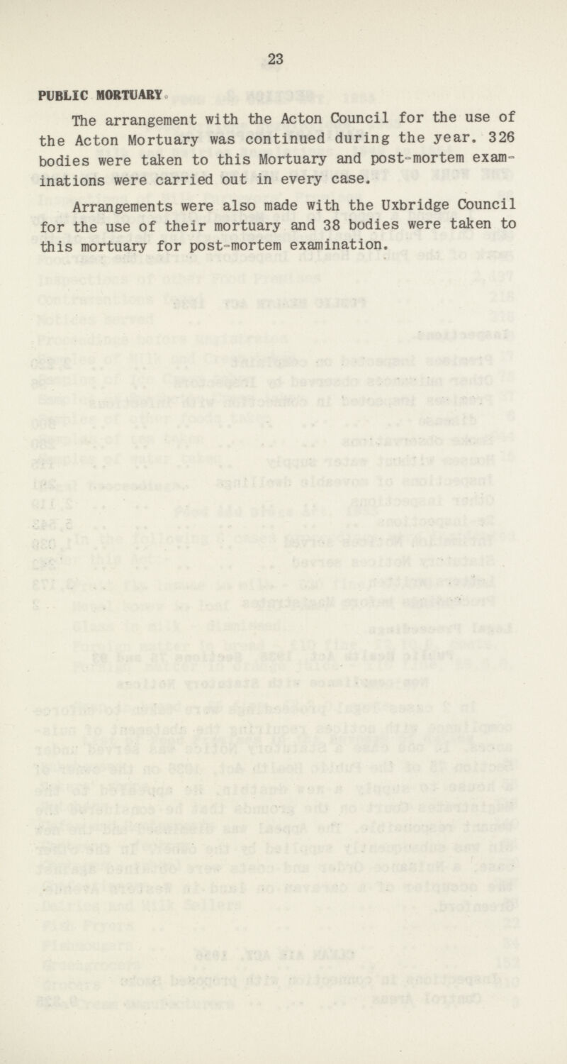 23 PUBLIC MORTUARY. The arrangement with the Acton Council for the use of the Acton Mortuary was continued during the year. 326 bodies were taken to this Mortuary and post-mortem exam inations were carried out in every case. Arrangements were also made with the Uxbridge Council for the use of their mortuary and 38 bodies were taken to this mortuary for post-mortem examination.