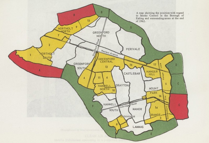 A map showing the position with regard to Smoke Control in the Borough of Ealing and surrounding areas at the end of 1962.