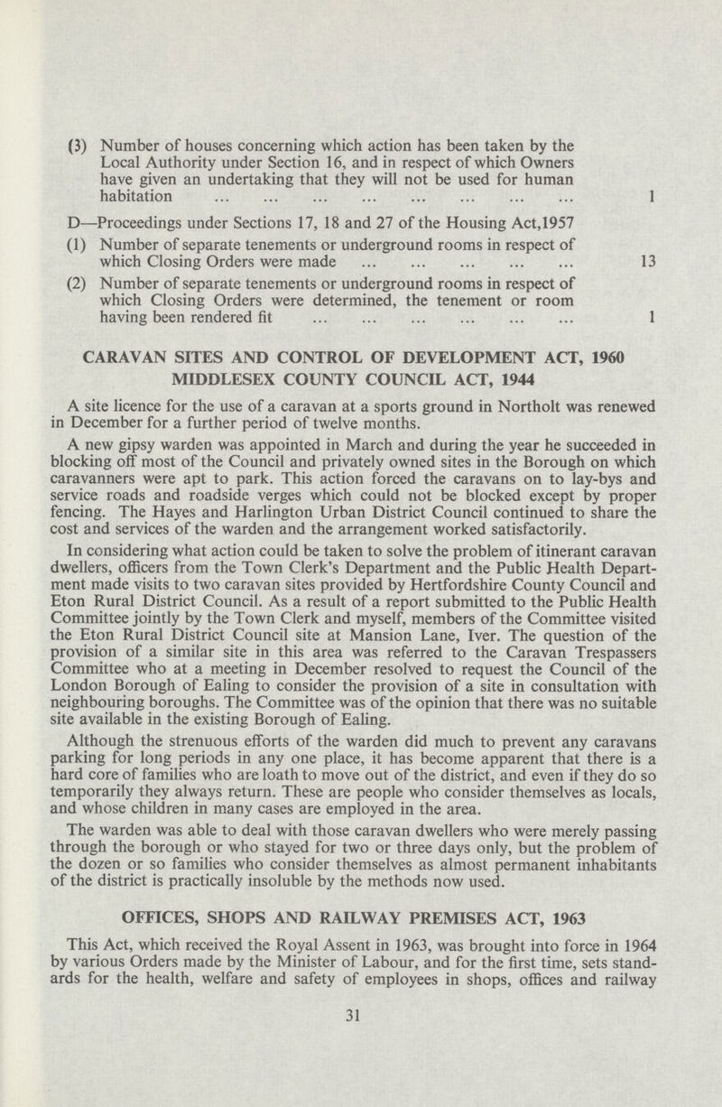 (3) Number of houses concerning which action has been taken by the Local Authority under Section 16, and in respect of which Owners have given an undertaking that they will not be used for human habitation 1 D—Proceedings under Sections 17, 18 and 27 of the Housing Act, 1957 (1) Number of separate tenements or underground rooms in respect of which Closing Orders were made 13 (2) Number of separate tenements or underground rooms in respect of which Closing Orders were determined, the tenement or room having been rendered fit 1 CARAVAN SITES AND CONTROL OF DEVELOPMENT ACT, 1960 MIDDLESEX COUNTY COUNCIL ACT, 1944 A site licence for the use of a caravan at a sports ground in Northolt was renewed in December for a further period of twelve months. A new gipsy warden was appointed in March and during the year he succeeded in blocking off most of the Council and privately owned sites in the Borough on which caravanners were apt to park. This action forced the caravans on to lay-bys and service roads and roadside verges which could not be blocked except by proper fencing. The Hayes and Harlington Urban District Council continued to share the cost and services of the warden and the arrangement worked satisfactorily. In considering what action could be taken to solve the problem of itinerant caravan dwellers, officers from the Town Clerk's Department and the Public Health Depart ment made visits to two caravan sites provided by Hertfordshire County Council and Eton Rural District Council. As a result of a report submitted to the Public Health Committee jointly by the Town Clerk and myself, members of the Committee visited the Eton Rural District Council site at Mansion Lane, Iver. The question of the provision of a similar site in this area was referred to the Caravan Trespassers Committee who at a meeting in December resolved to request the Council of the London Borough of Ealing to consider the provision of a site in consultation with neighbouring boroughs. The Committee was of the opinion that there was no suitable site available in the existing Borough of Ealing. Although the strenuous efforts of the warden did much to prevent any caravans parking for long periods in any one place, it has become apparent that there is a hard core of families who are loath to move out of the district, and even if they do so temporarily they always return. These are people who consider themselves as locals, and whose children in many cases are employed in the area. The warden was able to deal with those caravan dwellers who were merely passing through the borough or who stayed for two or three days only, but the problem of the dozen or so families who consider themselves as almost permanent inhabitants of the district is practically insoluble by the methods now used. OFFICES, SHOPS AND RAILWAY PREMISES ACT, 1963 This Act, which received the Royal Assent in 1963, was brought into force in 1964 by various Orders made by the Minister of Labour, and for the first time, sets stand ards for the health, welfare and safety of employees in shops, offices and railway 31