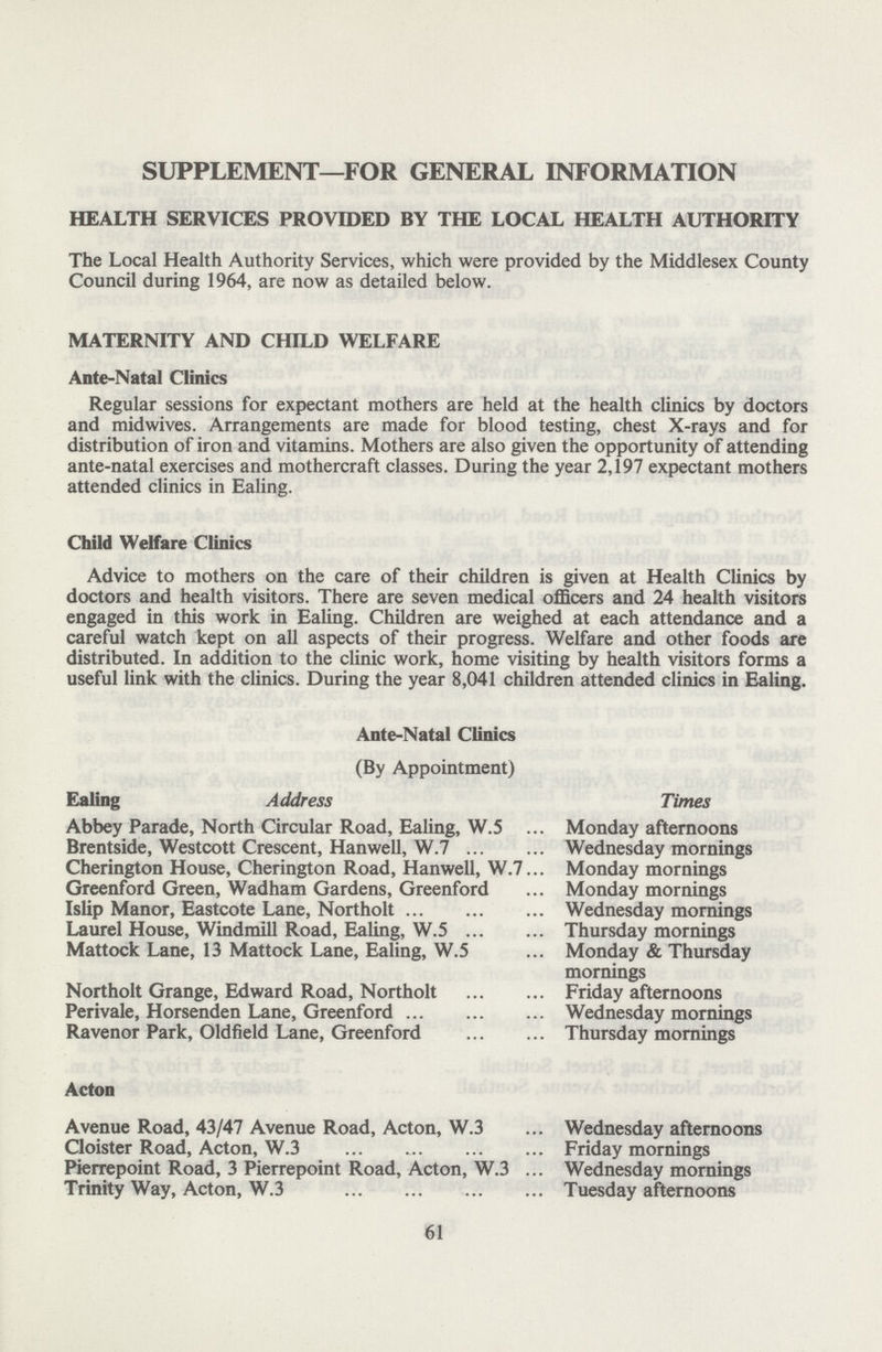 SUPPLEMENT—FOR GENERAL INFORMATION HEALTH SERVICES PROVIDED BY THE LOCAL HEALTH AUTHORITY The Local Health Authority Services, which were provided by the Middlesex County Council during 1964, are now as detailed below. MATERNITY AND CHILD WELFARE Ante-Natal Clinics Regular sessions for expectant mothers are held at the health clinics by doctors and mid wives. Arrangements are made for blood testing, chest X-rays and for distribution of iron and vitamins. Mothers are also given the opportunity of attending ante-natal exercises and mothercraft classes. During the year 2,197 expectant mothers attended clinics in Ealing. Child Welfare Clinics Advice to mothers on the care of their children is given at Health Clinics by doctors and health visitors. There are seven medical officers and 24 health visitors engaged in this work in Ealing. Children are weighed at each attendance and a careful watch kept on all aspects of their progress. Welfare and other foods are distributed. In addition to the clinic work, home visiting by health visitors forms a useful link with the clinics. During the year 8,041 children attended clinics in Ealing. Ante-Natal Clinics (By Appointment) Ealing Address Abbey Parade, North Circular Road, Ealing, W.5 Brentside, Westcott Crescent, Hanwell, W.7 Cherington House, Cherington Road, Hanwell, W.7 Greenford Green, Wadham Gardens, Greenford Islip Manor, Eastcote Lane, Northolt Laurel House, Windmill Road, Ealing, W.5 Mattock Lane, 13 Mattock Lane, Ealing, W.5 Northolt Grange, Edward Road, Northolt Perivale, Horsenden Lane, Greenford Ravenor Park, Oldfield Lane, Greenford Times Monday afternoons Wednesday mornings Monday mornings Monday mornings Wednesday mornings Thursday mornings Monday & Thursday mornings Friday afternoons Wednesday mornings Thursday mornings Acton Avenue Road, 43/47 Avenue Road, Acton, W.3 Cloister Road, Acton, W.3 Pierrepoint Road, 3 Pierrepoint Road, Acton, W.3 Trinity Way, Acton, W.3 Wednesday afternoons Friday mornings Wednesday mornings Tuesday afternoons 61