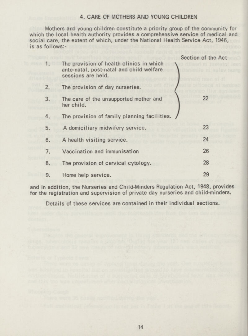 4. CARE CF MOTHERS AND YOUNG CHILDREN Mothers and young children constitute a priority group of the community for which the local health authority provides a comprehensive service of medical and social care, the extent of which, under the National Health Service Act, 1946, is as follows:- Section of the Act 1. The provision of health clinics in which ante-natal, post-natal and child welfare sessions are held. 22 2. The provision of day nurseries. 3. The care of the unsupported mother and her child. 4. The provision of family planning facilities. 5. A domiciliary midwifery service. 23 6. A health visiting service. 24 7. Vaccination and immunisation 26 8. The provision of cervical cytology. 28 9. Home help service. 29 and in addition, the Nurseries and Child-Minders Regulation Act, 1948, provides for the registration and supervision of private day nurseries and child-minders. Details of these services are contained in their individual sections. 14