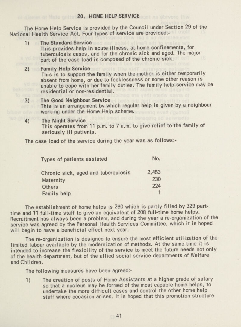 20. HOME HELP SERVICE The Home Help Service is provided by the Council under Section 29 of the National Health Service Act. Four types of service are provided:- 1) The Standard Service This provides help in acute illness, at home confinements, for tuberculosis cases, and for the chronic sick and aged. The major part of the case load is composed of the chronic sick. 2) Family Help Service This is to support the family when the mother is either temporarily absent from home, or due to fecklessness or some other reason is unable to cope with her family duties. The family help service may be residential or non-residential. 3) The Good Neighbour Service This is an arrangement by which regular help is given by a neighbour working under the Home Help scheme. 4) The Night Service This operates from 11 p.m. to 7 a.m. to give relief to the family of seriously ill patients. The case load of the service during the year was as follows:- Types of patients assisted No. Chronic sick, aged and tuberculosis 2,453 Maternity 230 Others 224 Family help 1 The establishment of home helps is 260 which is partly filled by 329 part time and 11 full-time staff to give an equivalent of 208 full-time home helps. Recruitment has always been a problem, and during the year a re-organization of the service was agreed by the Personal Health Services Committee, which it is hoped will begin to have a beneficial effect next year. The re-organization is designed to ensure the most efficient utilization of the limited labour available by the modernization of methods. At the same time it is intended to increase the flexibility of the service to meet the future needs not only of the health department, but of the allied social service departments of Welfare and Children. The following measures have been agreed:- 1) The creation of posts of Home Assistants at a higher grade of salary so that a nucleus may be formed of the most capable home helps, to undertake the more difficult cases and control the other home help staff where occasion arises. It is hoped that this promotion structure 41
