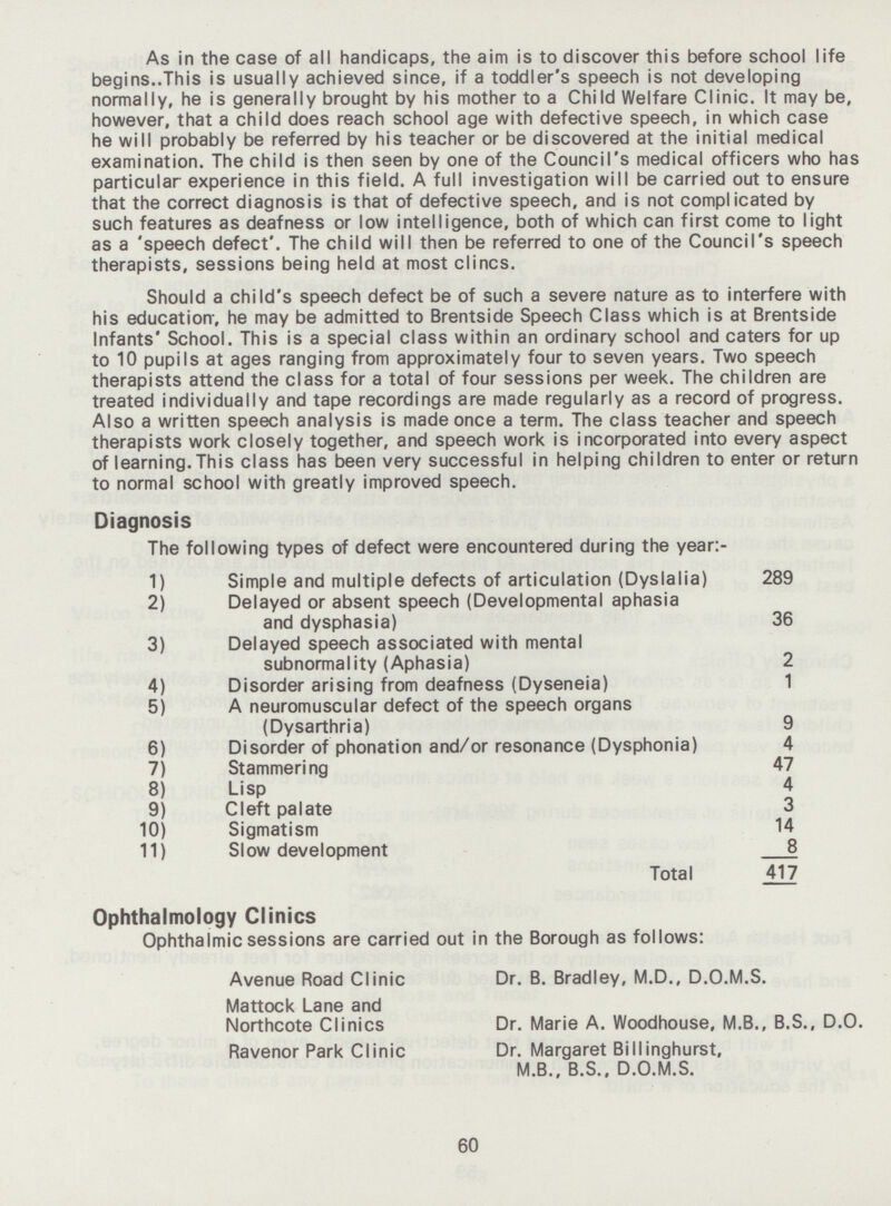 As in the case of all handicaps, the aim is to discover this before school life begins..This is usually achieved since, if a toddler's speech is not developing normally, he is generally brought by his mother to a Child Welfare Clinic. It may be, however, that a child does reach school age with defective speech, in which case he will probably be referred by his teacher or be discovered at the initial medical examination. The child is then seen by one of the Council's medical officers who has particular experience in this field. A full investigation will be carried out to ensure that the correct diagnosis is that of defective speech, and is not complicated by such features as deafness or low intelligence, both of which can first come to light as a 'speech defect'. The child will then be referred to one of the Council's speech therapists, sessions being held at most clincs. Should a child's speech defect be of such a severe nature as to interfere with his education-, he may be admitted to Brentside Speech Class which is at Brentside Infants' School. This is a special class within an ordinary school and caters for up to 10 pupils at ages ranging from approximately four to seven years. Two speech therapists attend the class for a total of four sessions per week. The children are treated individually and tape recordings are made regularly as a record of progress. Also a written speech analysis is made once a term. The class teacher and speech therapists work closely together, and speech work is incorporated into every aspect of learning. This class has been very successful in helping children to enter or return to normal school with greatly improved speech. Diagnosis The following types of defect were encountered during the year:- 1) Simple and multiple defects of articulation (Dyslalia) 289 2) Delayed or absent speech (Developmental aphasia and dysphasia) 36 3) Delayed speech associated with mental subnormality (Aphasia) 2 4) Disorder arising from deafness (Dyseneia) 1 5) A neuromuscular defect of the speech organs (Dysarthria) 9 6) Disorder of phonation and/or resonance (Dysphonia) 4 7) Stammering 47 8) Lisp 4 9) Cleft palate 3 10) Sigmatism 14 11) Slow development 8 Total 417 Ophthalmology Clinics Ophthalmic sessions are carried out in the Borough as follows: Avenue Road Clinic Dr. B. Bradley, M.D., D.O.M.S. Mattock Lane and Northcote Clinics Dr. Marie A. Woodhouse, M.B., B.S., D.O. Ravenor Park Clinic Dr. Margaret Billinghurst, M.B., B.S., D.O.M.S. 60