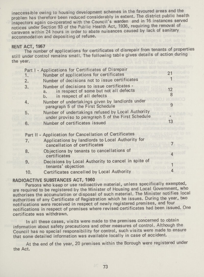 inaccessible owing to housing development schemes in the favoured areas and the problem has therefore been reduced considerably in extent. The district public health inspectors again co-operated with the Council's warden and in 16 instances served notices under Section 93 of the Public Health Act, 1936, requiring the removal of caravans within 24 hours in order to abate nuisances caused by lack of sanitary accommodation and depositing of refuse. RENT ACT, 1957 The number of applications for certificates of disrepair from tenants of properties still under control remains small. The following tabl e gives details of action during the year. Part I - Applications for Certificates of Disrepair 1. Number of applications for certificates 21 2. Number of decisions not to issue certificates 1 3. Number of decisions to issue certificates - a. in respect of some but not all defects 12 b. in respect of all defects 8 4. Number of undertakings given by landlords under paragraph 5 of the First Schedule 9 5. Number of undertakings refused by Local Authority under proviso to paragraph 5 of the First Schedule 6. Number of certificates issued 13 Part II - Application for Cancellation of Certificates 7. Applications by landlords to Local Authority for cancellation of certificates 7 8. Objections by tenants to cancellations of certificates 4 9. Decisions by Local Authority to cancel in spite of tenants' objection 1 10. Certificates cancelled by Local Authority 4 RADIOACTIVE SUBSTANCES ACT, 1960 Persons who keep or use radioactive material, unless specifically exempted, are required to be registered by the Minister of Housing and Local Government, who authorises the accumulation or disposal of such material. The Minister notifies local authorities of any Certificate of Registration which he issues. During the year, two notifications were received in respect of newly registered premises, and four notifications in respect of premises where revised certificates had been issued. One certificate was withdrawn. In all these cases, visits were made to the premises concerned to obtain information about safety precautions and other measures of control. Although the Council has no special responsibility for control, such visits were made to ensure that some detailed information was available locally in case of accident. At the end of the year, 20 premises within the Borough were registered under the Act. 73