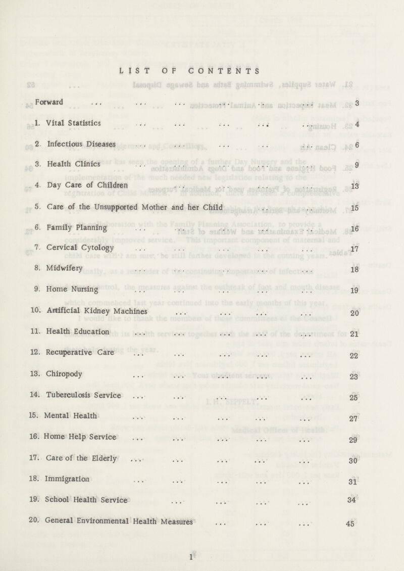 LIST OF CONTENTS Forward . 3 1. Vital Statistics 4 2. Infectious Diseases 6 3. Health Clinics 9 4. Day Care of Children 13 5. Care of the Unsupported Mother and her Child 15 6. Family Planning 16 7. Cervical Cytology 17 8. Midwifery 18 9. Home Nursing 19 10. Artificial Kidney Machines 20 11. Health Education 21 12. Recuperative Care 22 13. Chiropody 23 14. Tuberculosis Service 25 15. Mental Health 27 16. Home Help Service 29 17. Care of the Elderly 30 18. Immigration 31 19. School Health Service 34 20. General Environmental Health Measures 45 1