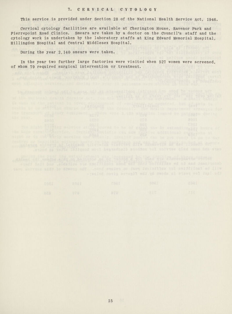 7. CERVICAL CYTOLOGY This service is provided under Section 28 of the National Health Service Act, 1946. Cervical cytology facilities are available at Cherington House, Ravenor Park and Pierrepoint Road Clinics. Smears are taken by a doctor on the Council's staff and the cytology work is undertaken by the laboratory staffs at King Edward Memorial Hospital, Hillingdon Hospital and Central Middlesex Hospital. During the year 2,140 smears were taken. In the year two further large factories were visited when 527 women were screened, of whom 79 required surgical intervention or treatment. 15