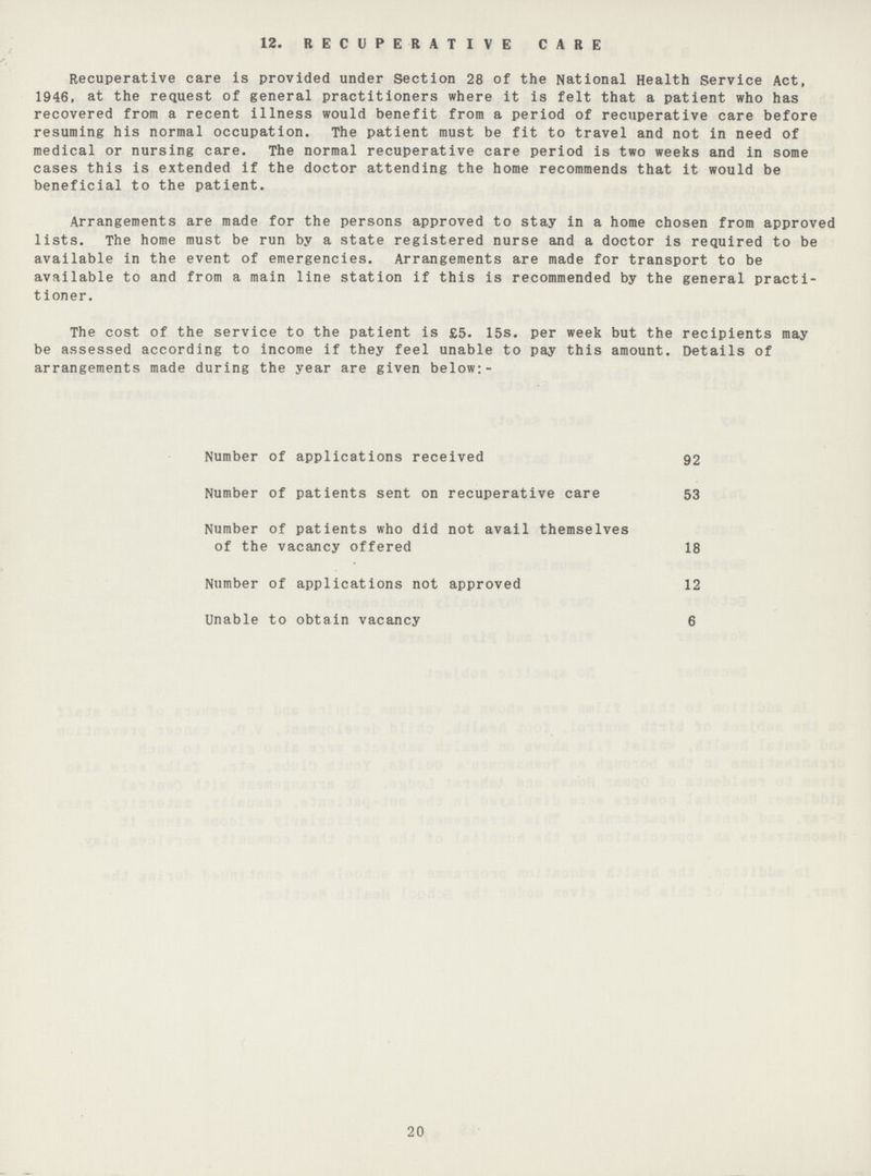 12. RECUPERATIVE CARE Recuperative care is provided under Section 28 of the National Health Service Act, 1946, at the request of general practitioners where it is felt that a patient who has recovered from a recent illness would benefit from a period of recuperative care before resuming his normal occupation. The patient must be fit to travel and not in need of medical or nursing care. The normal recuperative care period is two weeks and in some cases this is extended if the doctor attending the home recommends that it would be beneficial to the patient. Arrangements are made for the persons approved to stay in a home chosen from approved lists. The home must be run by a state registered nurse and a doctor is required to be available in the event of emergencies. Arrangements are made for transport to be available to and from a main line station if this is recommended by the general practi tioner. The cost of the service to the patient is £5. 15s. per week but the recipients may be assessed according to income if they feel unable to pay this amount. Details of arrangements made during the year are given below:- 20 Number of applications received 92 Number of patients sent on recuperative care 53 Number of patients who did not avail themselves of the vacancy offered 18 Number of applications not approved 12 Unable to obtain vacancy 6