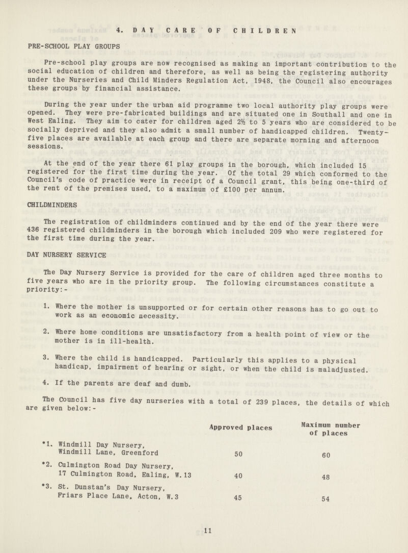 4. DAY CARE OF CHILDREN PRE-SCHOOL PLAY GROUPS Pre-school play groups are now recognised as making an important contribution to the social education of children and therefore, as well as being the registering authority under the Nurseries and Child Minders Regulation Act, 1948, the Council also encourages these groups by financial assistance. During the year under the urban aid programme two local authority play groups were opened. They were pre-fabricated buildings and are situated one in Southall and one in West Ealing. They aim to cater for children aged 2^ to 5 years who are considered to be socially deprived and they also admit a small number of handicapped children. Twenty five places are available at each group and there are separate morning and afternoon sessions. At the end of the year there 61 play groups in the borough, which included 15 registered for the first time during the year. Of the total 29 which conformed to the Council's code of practice were in receipt of a Council grant, this being one-third of the rent of the premises used, to a maximum of £100 per annum. CHILDMINDERS The registration of childminders continued and by the end of the year there were 436 registered childminders in the borough which included 209 who were registered for the first time during the year. DAY NURSERY SERVICE The Day Nursery Service is provided for the care of children aged three months to five years who are in the priority group. The following circumstances constitute a priority:- 1. Where the mother is unsupported or for certain other reasons has to go out to work as an economic necessity. 2. Where home conditions are unsatisfactory from a health point of view or the mother is in ill-health. 3. Where the child is handicapped. Particularly this applies to a physical handicap, impairment of hearing or sight, or when the child is maladjusted. 4. If the parents are deaf and dumb. The Council has five day nurseries with a total of 239 places, the details of which are given below:- Approved places Maximum number of places *1. Windmill Day Nursery, Windmill Lane, Greenford 50 60 *2. Culmington Road Day Nursery, 17 Culmington Road, Ealing, W. 13 40 48 *3. St. Dunstan's Day Nursery, Friars Place Lane, Acton, W. 3 45 54 11