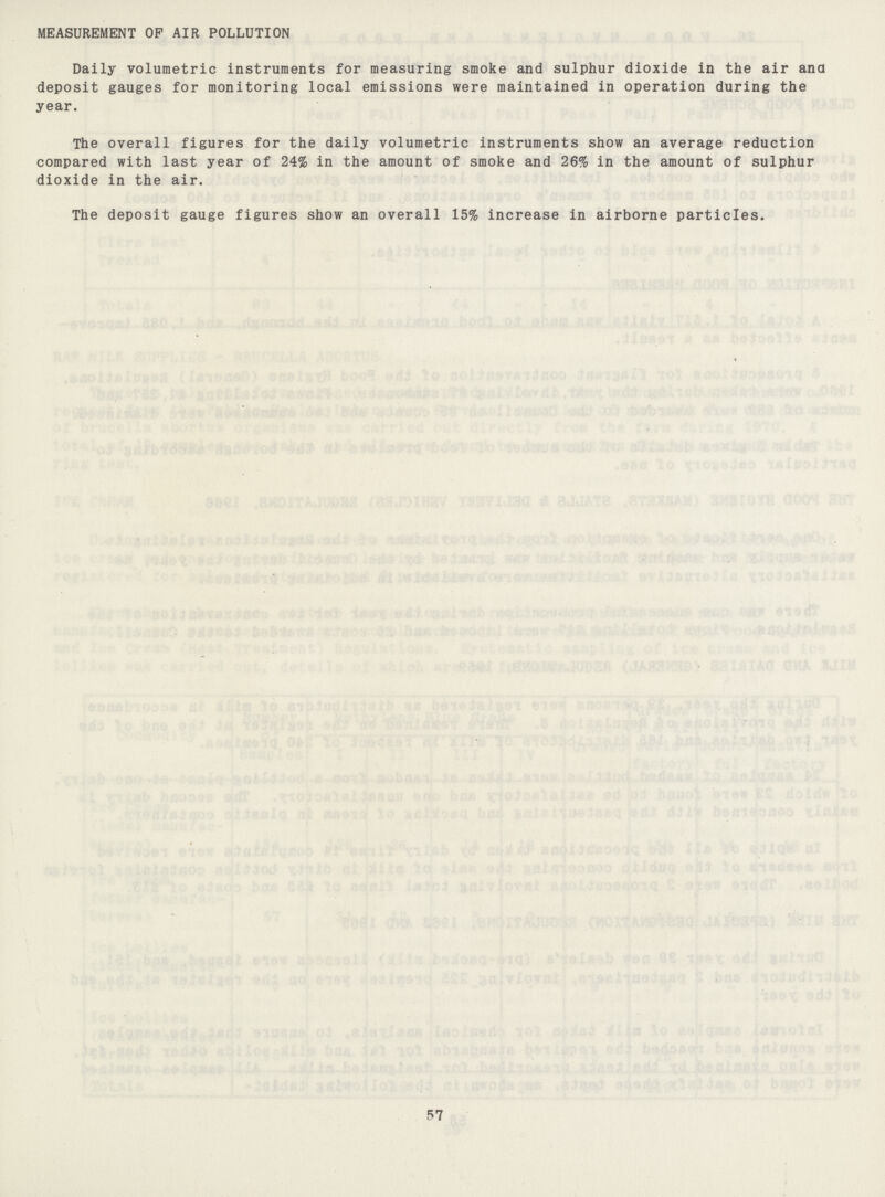 MEASUREMENT OP AIR POLLUTION Daily volumetric instruments for measuring smoke and sulphur dioxide in the air ana deposit gauges for monitoring local emissions were maintained in operation during the year. The overall figures for the daily volumetric instruments show an average reduction compared with last year of 24% in the amount of smoke and 26% in the amount of sulphur dioxide in the air. The deposit gauge figures show an overall 15% increase in airborne particles. 57