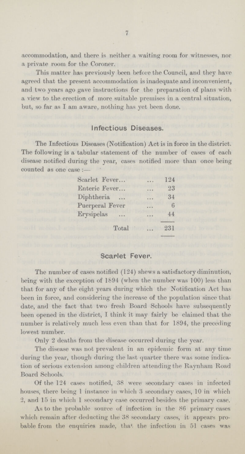7 accommodation, and there is neither a waiting room for witnesses, nor a private room for the Coroner. This matter has previously been before the Council, and they have agreed that the present accommodation is inadequate and inconvenient, and two years ago gave instructions for the preparation of plans with a view to the erection of more suitable premises in a central situation, but, so far as I am aware, nothing has yet been done. Infectious Diseases. The Infectious Diseases (Notification) Act is in force in the district. The following is a tabular statement of the number of cases of each disease notified during the year, cases notified more than once being counted as one case :— Scarlet Fever 124 Enteric Fever 23 Diphtheria 34 Puerperal Fever 6 Erysipelas 44 Total 231 Scarlet Fever. The number of cases notified (124) shews a satisfactory diminution, being with the exception of 1694 (when the number was 100) less than that for any of the eight years during which the Notification Act has been in force, and considering the increase of the population since that date, and the fact that two fresh Board Schools have subsequently been opened in the district, I think it may fairly be claimed that the number is relatively much less even than that for 1894, the preceding lowest number. Only 2 deaths from the disease occurred during the year. The disease was not prevalent in an epidemic form at any time during the year, though during the last quarter there was some indica tion of serious extension among children attending the Raynham Road Board Schools. Of the 124 cases notified, 38 were secondary cases in infected houses, there being 1 instance in which 3 secondary cases, 10 in which 2, and 15 in which 1 secondary case occurred besides the primary case. As to the probable source of infection in the 86 primary cases which remain after deducting the 38 secondary cases, it appears pro bable from the enquiries made, that the infection in 51 cases was