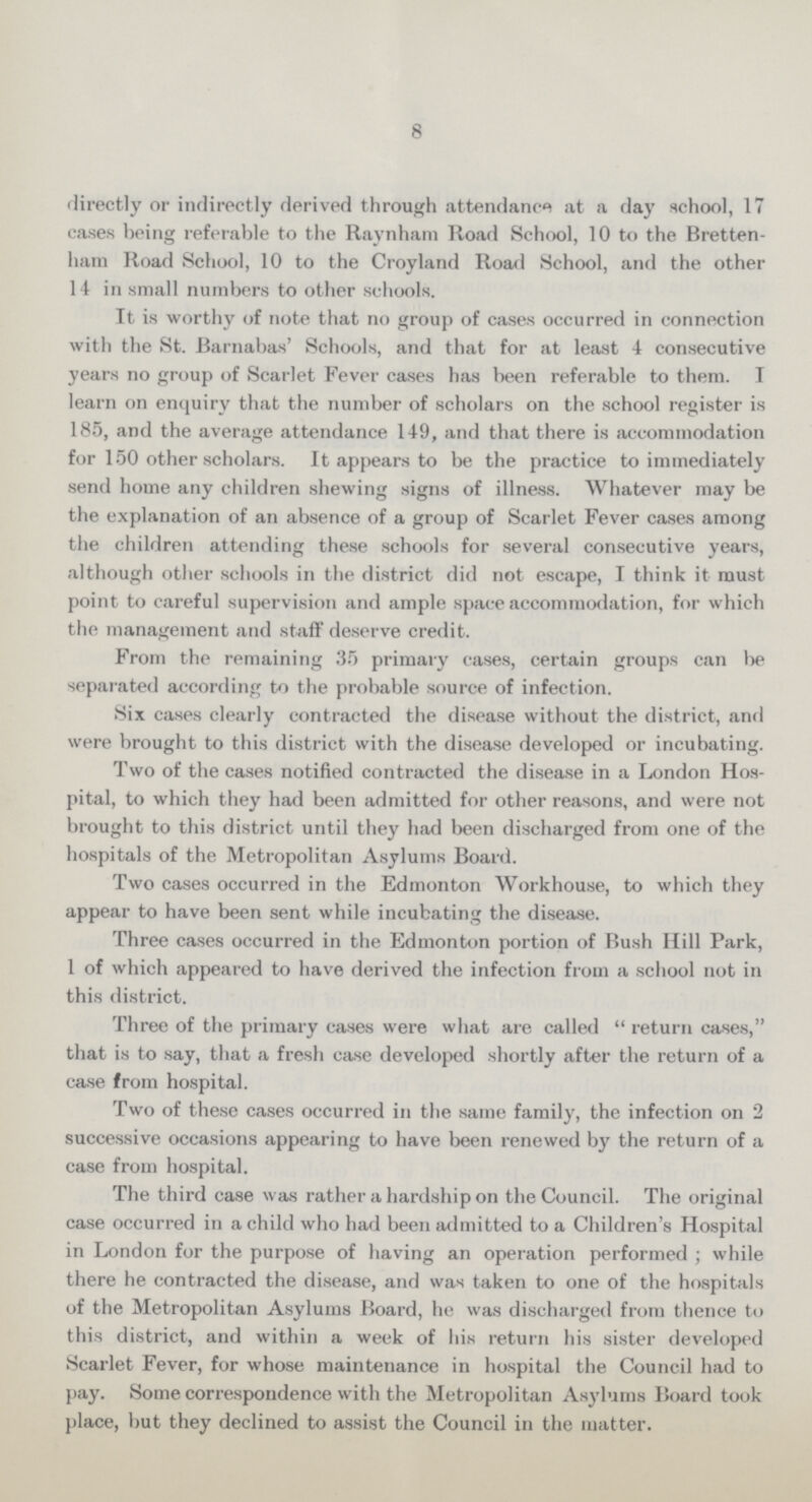 8 directly or indirectly derived through attendance at a day school, 17 cases being referable to the Raynham Road School, 10 to the Bretten ham Road School, 10 to the Croyland Road School, and the other 14 in small numbers to other schools. It is worthy of note that no group of cases occurred in connection with the St. Barnabas' Schools, and that for at least 4 consecutive years no group of Scarlet Fever cases has been referable to them. I learn on enquiry that the number of scholars on the school register is 185, and the average attendance 149, and that there is accommodation for 150 other scholars. It appears to be the practice to immediately send home any children shewing signs of illness. Whatever may be the explanation of an absence of a group of Scarlet Fever cases among the children attending these schools for several consecutive years, although other schools in the district did not escape, I think it must point to careful supervision and ample space accommodation, for which the management and staff deserve credit. From the remaining 35 primary cases, certain groups can be separated according to the probable source of infection. Six cases clearly contracted the disease without the district, and were brought to this district with the disease developed or incubating. Two of the cases notified contracted the disease in a London Hos pital, to which they had been admitted for other reasons, and were not brought to this district until they had been discharged from one of the hospitals of the Metropolitan Asylums Board. Two cases occurred in the Edmonton Workhouse, to which they appear to have been sent while incubating the disease. Three cases occurred in the Edmonton portion of Bush Hill Park, 1 of which appeared to have derived the infection from a school not in this district. Three of the primary cases were what are called  return cases, that is to say, that a fresh case developed shortly after the return of a case from hospital. Two of these cases occurred in the same family, the infection on 2 successive occasions appearing to have been renewed by the return of a case from hospital. The third case was rather a hardship on the Council. The original case occurred in a child who had been admitted to a Children's Hospital in London for the purpose of having an operation performed; while there he contracted the disease, and was taken to one of the hospitals of the Metropolitan Asylums Board, he was discharged from thence to this district, and within a week of his return his sister developed Scarlet Fever, for whose maintenance in hospital the Council had to pay. Some correspondence with the Metropolitan Asylums Board took place, but they declined to assist the Council in the matter.