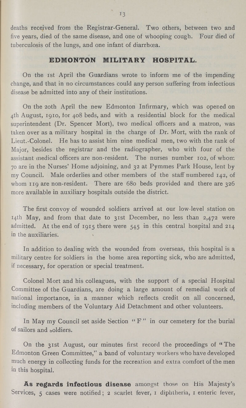 13 deaths received from the Registrar-General. Two others, between two and five years, died of the same disease, and one of whooping cough. Four died of tuberculosis of the lungs, and one infant of diarrhoea. EDMONTON MILITARY HOSPITAL. On the ist April the Guardians wrote to inform me of the impending change, and that in no circumstances could any person suffering from infectious disease be admitted into any of their institutions. On the 20th April the new Edmonton Infirmary, which was opened on 4th August, 1 g 10, for 408 beds, and with a residential block for the medical superintendent (Dr. Spencer Mort), two medical officers and a matron, was taken over as a military hospital in the charge of Dr. Mort, with the rank of Lieut.-Colonel. He has to assist him nine medical men, two with the rank of Major, besides the registrar and the radiographer, who with four of the assistant medical officers are non-resident. The nurses number 102, of whom 70 are in the Nurses' Home adjoining, and 32 at Pymmes Park House, lent by my Council. Male orderlies and other members of the staff numbered 142, of whom 119 are non-resident. There are 680 beds provided and there are 326 more available in auxiliary hospitals outside the district. The first convoy of wounded soldiers arrived at our low-level station on 14th May, and from that date to 31st December, no less than 2,472 were admitted. At the end of 1915 there were 545 in this central hospital and 214 in the auxiliaries. In addition to dealing with the wounded from overseas, this hospital is a military centre for soldiers in the home area reporting sick, who are admitted, if necessary, for operation or special treatment. Colonel Mort and his colleagues, with the support of a special Hospital Committee of the Guardians, are doing a large amount of remedial work of national importance, in a manner which reflects credit on all concerned, including members of the Voluntary Aid Detachment and other volunteers. In May my Council set aside Section F in our cemetery for the burial of sailors and aoldiers. On the 31st August, our minutes first record the proceedings of The Edmonton Green Committee, a band of voluntary workers who have developed much energy in collecting funds for the recreation and extra comfort of the men in this hospital. As regards infectious disease amongst those on His Majesty's Services, 5 cases were notified; 2 scarlet fever, 1 diphtheria, 1 enteric fever,