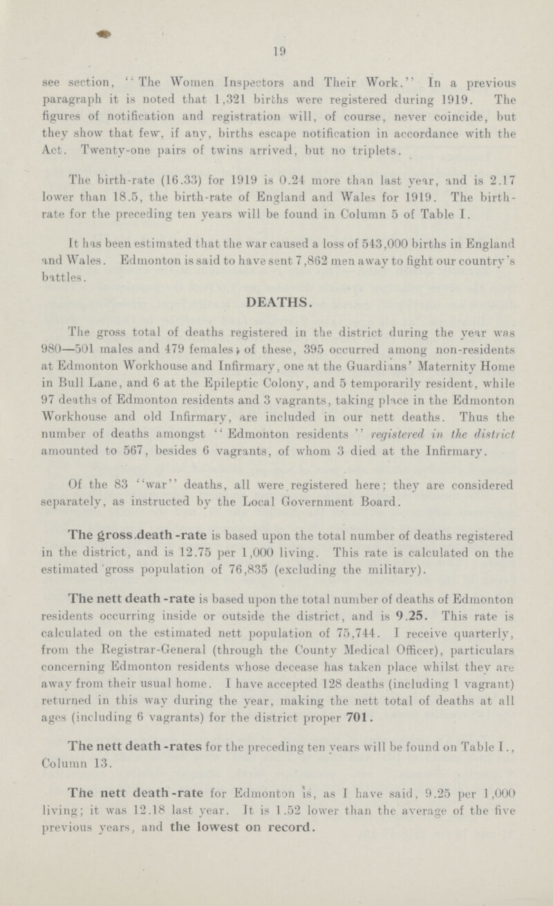 19 see section, The Women Inspectors and Their Work. In a previous paragraph it is noted that 1,321 births were registered during 1919. The figures of notification and registration will, of course, never coincide, but they show that few, if any, births escape notification in accordance with the Act. Twenty-one pairs of twins arrived, but no triplets. The birth-rate (16.33) for 1919 is 0.24 more than last year, and is 2.17 lower than 18.5, the birth-rate of England and Wales for 1919. The birth rate for the preceding ten years will be found in Column 5 of Table I. It has been estimated that the war caused a loss of 543,000 births in England and Wales. Edmonton is said to have sent 7,862 men away to fight our country's battles. DEATHS. The gross total of deaths registered in the district during the year was 980—501 males and 479 females of these, 395 occurred among non-residents at Edmonton Workhouse and Infirmary, one at the Guardians' Maternity Home in Bull Lane, and 6 at the Epileptic Colony, and 5 temporarily resident, while 97 deaths of Edmonton residents and 3 vagrants, taking place in the Edmonton Workhouse and old Infirmary, are included in our nett deaths. Thus the number of deaths amongst Edmonton residents registered in the district amounted to 567, besides 6 vagrants, of whom 3 died at the Infirmary. Of the 83 war deaths, all were registered here: they are considered separately, as instructed by the Local Government Board. The gross.death-rate is based upon the total number of deaths registered in the district, and is 12.75 per 1,000 living. This rate is calculated on the estimated gross population of 76,835 (excluding the military). The nett death -rate is based upon the total number of deaths of Edmonton residents occurring inside or outside the district, and is 9.25. This rate is calculated on the estimated nett population of 75,744. I receive quarterly, from the Registrar-General (through the County Medical Officer), particulars concerning Edmonton residents whose decease has taken place whilst they are away from their usual home. I have accepted 128 deaths (including 1 vagrant) returned in this way during the year, making the nett total of deaths at all ages (including 6 vagrants) for the district proper 701. The nett death -rates for the preceding ten years will be found on Table I., Column 13. The nett death-rate for Edmonton is, as I have said, 9.25 per 1,000 living; it was 12.18 last year. It is 1.52 lower than the average of the five previous years, and the lowest on record.