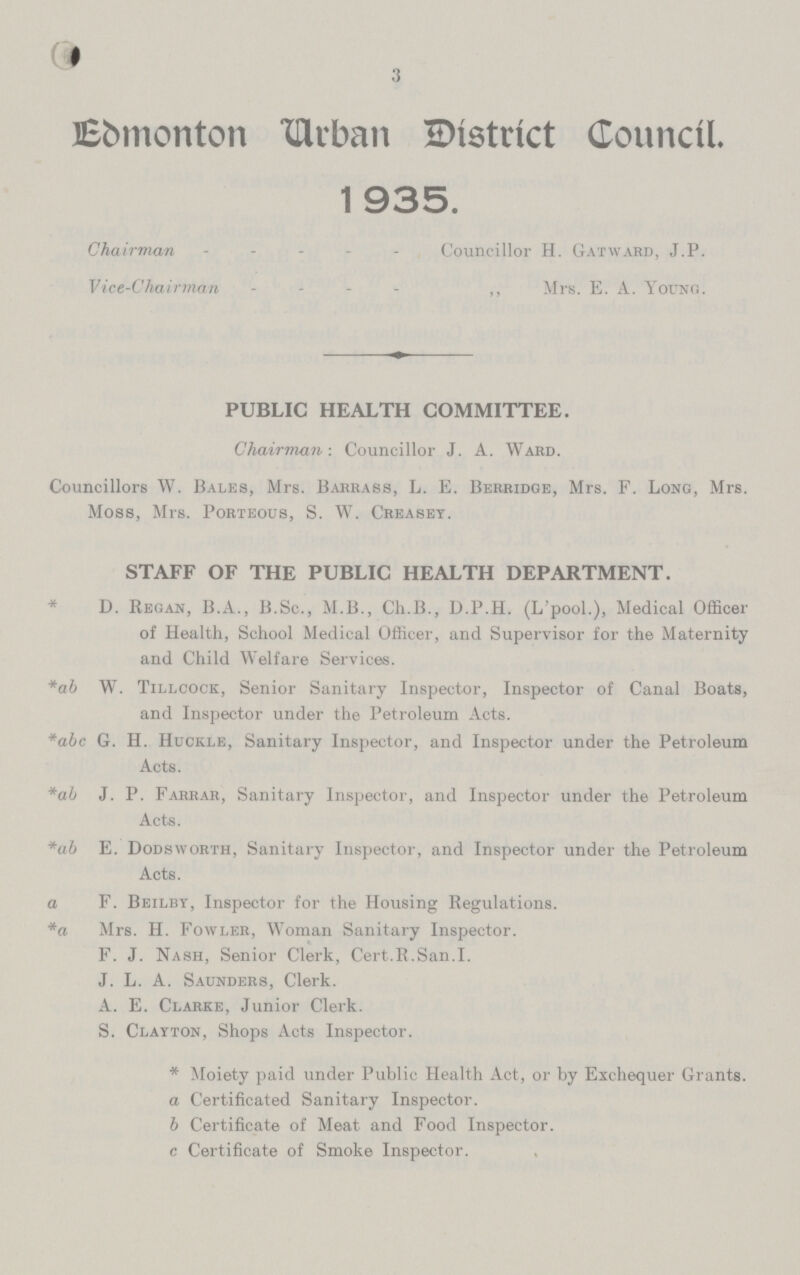 3 Edmonton Urban District Council. 1935. Chairman Councillor H. Gatward, J.P. Vice-Chairman ,, Mrs. E. A. Young. PUBLIC HEALTH COMMITTEE. Chairman-. Councillor J. A. Ward. Councillors W. Bales, Mrs. Barrass, L. E. Berridge, Mrs. F. Long, Mrs. Moss, Mrs. Porteous, S. W. Creasey. STAFF OF THE PUBLIC HEALTH DEPARTMENT. * D. Regan, B.A., B.Sc., M.B., Ch.B., D.P.H. (L'pool.), Medical Officer of Health, School Medical Officer, and Supervisor for the Maternity and Child Welfare Services. *ab W. Tillcock, Senior Sanitary Inspector, Inspector of Canal Boats, and Inspector under the Petroleum Acts. *abc G. H. Huckle, Sanitary Inspector, and Inspector under the Petroleum Acts. *ab J. P. Farrar, Sanitary Inspector, and Inspector under the Petroleum Acts. *ab E. Dodsworth, Sanitary Inspector, and Inspector under the Petroleum Acts. a F. Beilby, Inspector for the Housing Regulations. *a Mrs. H. Fowler, Woman Sanitary Inspector. F. J. Nash, Senior Clerk, Cert.R.San.I. J. L. A. Saunders, Clerk. A. E. Clarke, Junior Clerk. S. Clayton, Shops Acts Inspector. * Moiety paid under Public Health Act, or by Exchequer Grants. a Certificated Sanitary Inspector. b Certificate of Meat and Food Inspector. c Certificate of Smoke Inspector.