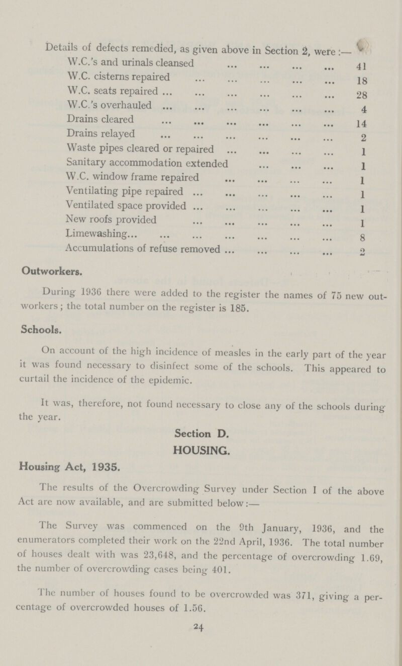 Schools. On account of the high incidence of measles in the early part of the year it was found necessary to disinfect some of the schools. This appeared to curtail the incidence of the epidemic. It was, therefore, not found necessary to close any of the schools during the year. Section D. HOUSING. Housing Act, 1935. The results of the Overcrowding Survey under Section I of the above Act are now available, and are submitted below:— The Survey was commenced on the 9th January, 1936, and the enumerators completed their work on the 22nd April, 1936. The total number of houses dealt with was 23,648, and the percentage of overcrowding 1.69, the number of overcrowding cases being 401. The number of houses found to be overcrowded was 371, giving a per centage of overcrowded houses of 1.56. 24 Details of defects remedied, as given above in Section 2, were:— W.C.'s and urinals cleansed 41 W.C. cisterns repaired 18 W.C. seats repaired 28 W.C.'s overhauled 4 Drains cleared 14 Drains relayed 2 Waste pipes cleared or repaired 1 Sanitary accommodation extended 1 W.C. window frame repaired 1 Ventilating pipe repaired 1 Ventilated space provided 1 New roofs provided 1 Limewashing 8 Accumulations of refuse removed 2 Outworkers. During 1936 there were added to the register the names of 75 new out workers; the total number on the register is 185.