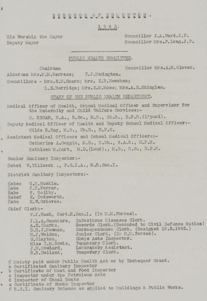 BOROUGH OF EDMONTON 1943. His Worship the Mayor Deputy Mayor Councillor J.A.Ward.J.P. Councillor Mrs. F.Long.J.P. PUBLIC HEALTH COMMITTEE. Chairman Councillor Mrs.A.M.Glover. Alderman Mrs.M.M.Barrass; T.J.Haiington. Councillors - Mrs.E.M.Hearn; Mrs. E.B.Newsham; L.E.Berridge; Mrs.E.M.Moss; Mrs.A.E.Shingles. STAFF OF THE PUBLIC HEALTH DEPARTMENT. Medical Officer of Health, School Medical Officer and Supervisor for the Maternity and Child Welfare Services D. REGAN, B.A., B.Sc., M.B., Ch.B., D.P.H. (L'pool) . Deputy Medical Officer of Health and Deputy School Medical Officer Hilda R.Hay, M.B., Ch.B., D.P.H. Assistant Medical Officers and School Medical Officers:- Catherine A.Goggin, M.B., B.Ch., B.A.0., D.P.H. Kathleen M.Hart, M.D.(Lond)., M.B., B.S., D.P.H. Senior Sanitary Inspector %abcd W.Tillcook F.S.I.A., M.R.San.I. District Sanitary Inspectors:- %abce G.II.Huckle, %abc J.P.Farrar. %abc F. Beilby. %abcf E. Dodsworth. %abc H.W.Grieves. Chief Clerk: - F.J.Nash, Cert.R.San,I. (In K.M.Forces). J.L,A.Saunders, Infectious Diseases Clerk. A.E. Clarke, Reoords Clerk.(Seconded to Civil Defence duties) D.H.J.Newuan, Correspondence Clerk. (Resigned 19.5.1943.) H.J.Weldon, Junior Clerk. (In H.M.Foroes). S.Clayton, Shops Acts Inspector. Miss I.M.Bowie, Temporary Clerk. J.H.Cowlard, Laboratory Assistant, R.R.Holland, Temporary Clerk, % Moiety paid under Public Health Act or by Exchequer Grant, a Certificated Sanitary Inspector b Certificate of Meat and Food Inspector c Inspector under the Petroleum Acts d Inspector of Canal Boats e Certificate of Smoke Inspector f R.S.I. Sanitary Science as applied to Buildings & Public Works.