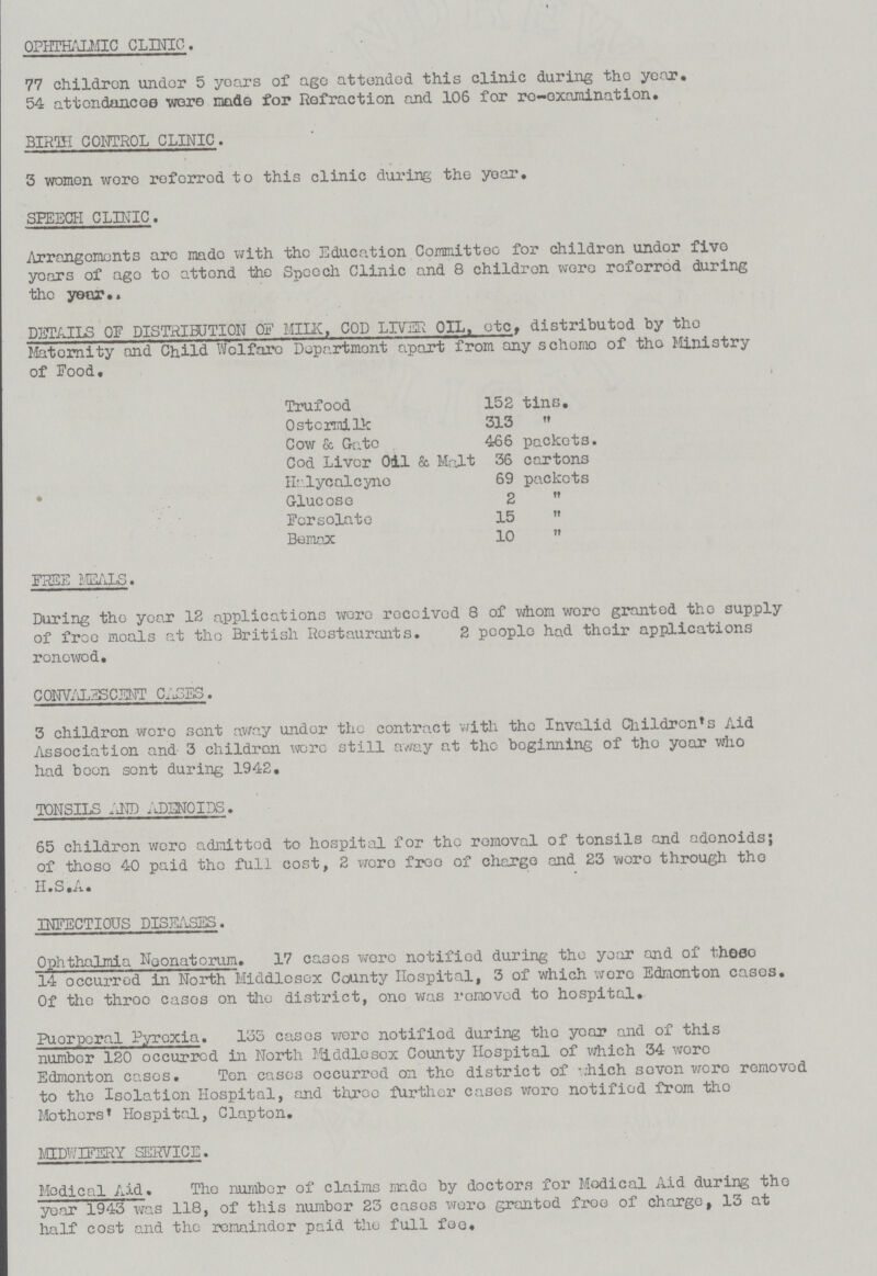 OPHTHALMIC CLINIC. 77 children under 5 years of ago attended this clinic during the year. 54 attendances wore made for Refraction and 106 for re-examination. BIRTH CONTROL CLINIC. 3 women wore referred to this clinic during the year. SPEECH CLINIC. Arrangements arc made with the Education Committee for children under five years of ago to attend the Speech Clinic and 8 children wore referred during the year. DETAILS OF DISTRIBUTION OF MILK, COD LIVER OIL, etc, distributed by the Maternity and Child Welfare Department apart from any scheme of the Ministry of Food, Trufood 152 tins. Ostermilk 313  Cow & Gate 466 packets. Cod Liver Oil & Malt 36 cartons Halycalcyne 69 packets Glucose 2  Forsolate 15  Bemax 10  FREE MEALS. During the year 12 applications were received 8 of whom wore granted the supply of free meals at the British Restaurants. 2 people had their applications renewed. CONVALESCENT CASES. 3 children were sent away under the contract with the Invalid Children's Aid Association and 3 children were still away at the beginning of the year who had been sent during 1942, TONSILS AND ADENOIDS. 65 children were admitted to hospital for the removal of tonsils and adenoids; of these 40 paid the full cost, 2 were free of charge and 23 were through the H.S.A. INFECTIOUS DISEASES. Ophthalmia Neonatorum. 17 cases were notified during the year and of these 14 occurred in North Middlesex County Hospital, 3 of which wore Edmonton cases. Of the three cases on the district, one was removed to hospital. Puerperal Pyrexia. 133 cases were notified during the year and of this number 120 occurred in North Middlesex County Hospital of which 34 were Edmonton cases. Ten cases occurred on the district of which seven were removed to the Isolation Hospital, and throe further cases were notified from the Mothers' Hospital, Clapton. MIDWIFERY SERVICE. Medical Aid. The number of claims made by doctors for Medical Aid during the year 1943 was 118, of this number 23 cases were granted free of charge, 13 at half cost and the remainder paid the full fee.