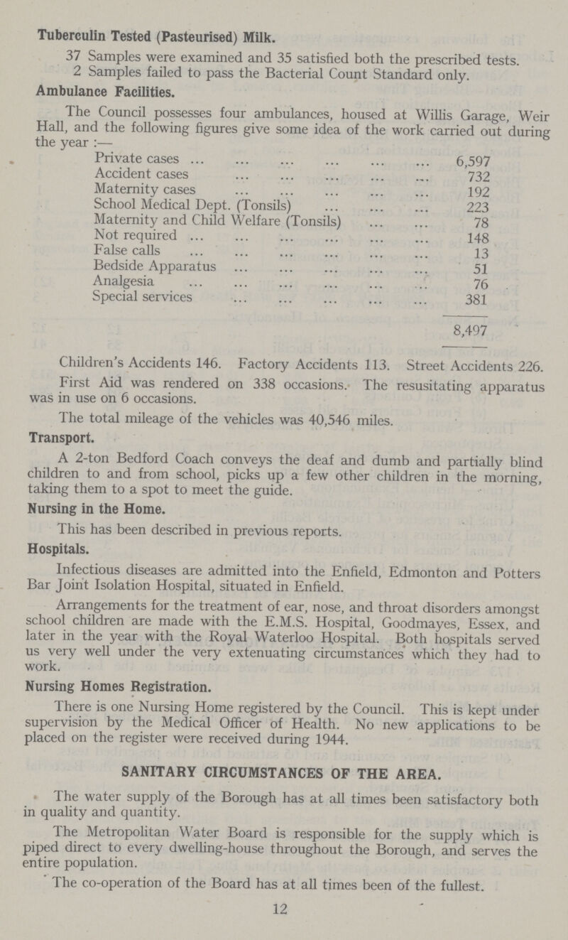 Tuberculin Tested (Pasteurised) Milk. 37 Samples were examined and 35 satisfied both the prescribed tests. 2 Samples failed to pass the Bacterial Count Standard only. Ambulance Facilities. The Council possesses four ambulances, housed at Willis Garage, Weir Hall, and the following figures give some idea of the work carried out during the year :— Private cases 6,597 Accident cases 732 Maternity cases 192 School Medical Dept. (Tonsils) 223 Maternity and Child Welfare (Tonsils) 78 Not required 148 False calls 13 Bedside Apparatus 51 Analgesia 76 Special services 381 8,497 Children's Accidents 146. Factory Accidents 113. Street Accidents 226. First Aid was rendered on 338 occasions. The resusitating apparatus was in use on 6 occasions. The total mileage of the vehicles was 40,546 miles. Transport. A 2-ton Bedford Coach conveys the deaf and dumb and partially blind children to and from school, picks up a few other children in the morning, taking them to a spot to meet the guide. Nursing in the Home. This has been described in previous reports. Hospitals. Infectious diseases are admitted into the Enfield, Edmonton and Potters Bar Joint Isolation Hospital, situated in Enfield. Arrangements for the treatment of ear, nose, and throat disorders amongst school children are made with the E.M.S. Hospital, Goodmayes, Essex, and later in the year with the Royal Waterloo Hospital. Both hospitals served us very well under the very extenuating circumstances which they had to work. Nursing Homes Registration. There is one Nursing Home registered by the Council. This is kept under supervision by the Medical Officer of Health. No new applications to be placed on the register were received during 1944. SANITARY CIRCUMSTANCES OF THE AREA. The water supply of the Borough has at all times been satisfactory both in quality and quantity. The Metropolitan Water Board is responsible for the supply which is piped direct to every dwelling-house throughout the Borough, and serves the entire population. The co-operation of the Board has at all times been of the fullest. 12