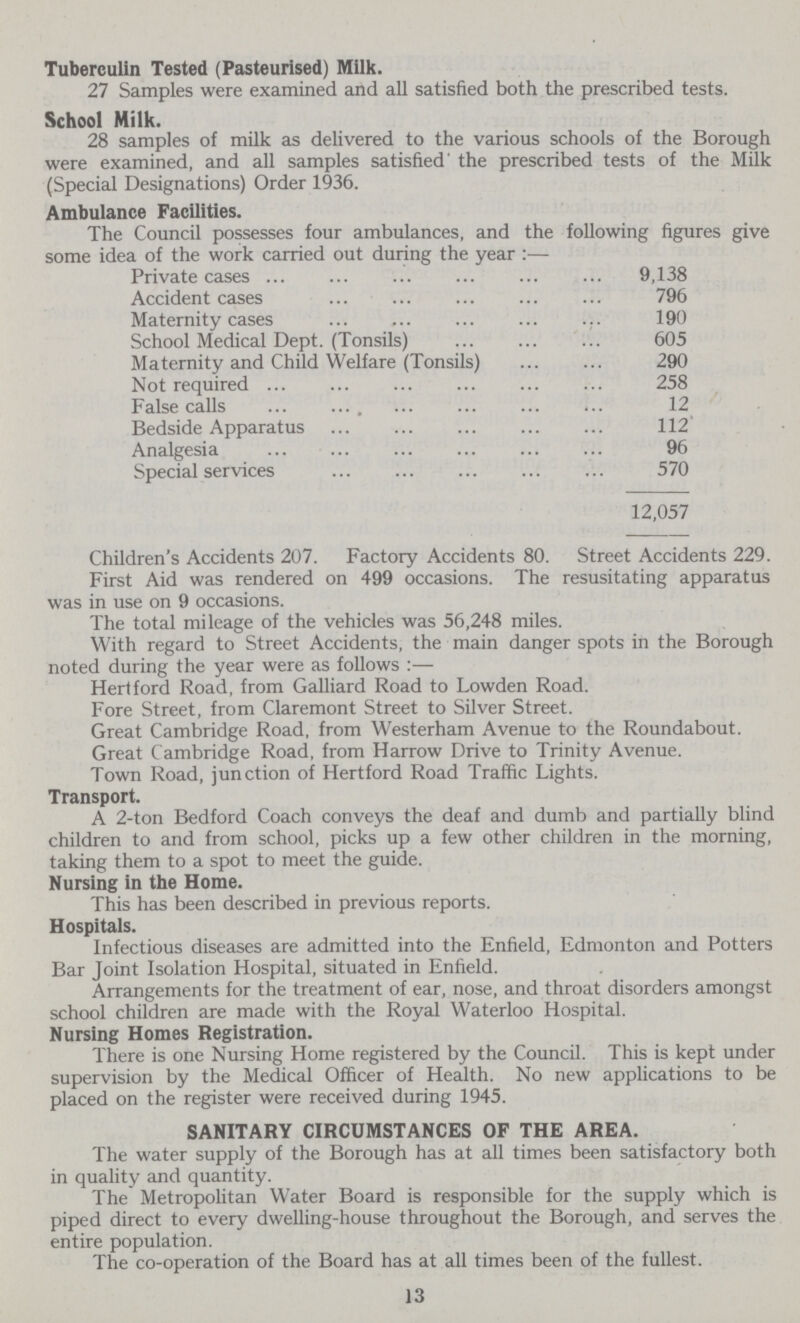 Tuberculin Tested (Pasteurised) Milk. 27 Samples were examined and all satisfied both the prescribed tests. School Milk. 28 samples of milk as delivered to the various schools of the Borough were examined, and all samples satisfied' the prescribed tests of the Milk (Special Designations) Order 1936. Ambulance Facilities. The Council possesses four ambulances, and the following figures give some idea of the work carried out during the year :— Private cases 9,138 Accident cases 796 Maternity cases 190 School Medical Dept. (Tonsils) 605 Maternity and Child Welfare (Tonsils) 290 Not required 258 False calls 12 Bedside Apparatus 112 Analgesia 96 Special services 570 12,057 Children's Accidents 207. Factory Accidents 80. Street Accidents 229. First Aid was rendered on 499 occasions. The resusitating apparatus was in use on 9 occasions. The total mileage of the vehicles was 56,248 miles. With regard to Street Accidents, the main danger spots in the Borough noted during the year were as follows :— Hertford Road, from Galliard Road to Lowden Road. Fore Street, from Claremont Street to Silver Street. Great Cambridge Road, from Westerham Avenue to the Roundabout. Great Cambridge Road, from Harrow Drive to Trinity Avenue. Town Road, junction of Hertford Road Traffic Lights. Transport. A 2-ton Bedford Coach conveys the deaf and dumb and partially blind children to and from school, picks up a few other children in the morning, taking them to a spot to meet the guide. Nursing in the Home. This has been described in previous reports. Hospitals. Infectious diseases are admitted into the Enfield, Edmonton and Potters Bar Joint Isolation Hospital, situated in Enfield. Arrangements for the treatment of ear, nose, and throat disorders amongst school children are made with the Royal Waterloo Hospital. Nursing Homes Registration. There is one Nursing Home registered by the Council. This is kept under supervision by the Medical Officer of Health. No new applications to be placed on the register were received during 1945. SANITARY CIRCUMSTANCES OF THE AREA. The water supply of the Borough has at all times been satisfactory both in quality and quantity. The Metropolitan Water Board is responsible for the supply which is piped direct to every dwelling-house throughout the Borough, and serves the entire population. The co-operation of the Board has at all times been of the fullest. 13