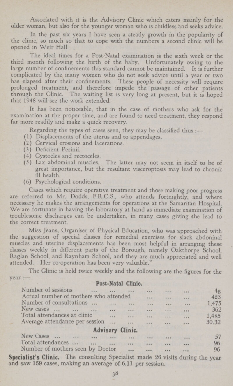 Associated with it is the Advisory Clinic which caters mainly for the older woman, but also for the younger woman who is childless and seeks advice. In the past six years I have seen a steady growth in the popularity of the clinic, so much so that to cope with the numbers a second clinic will be opened in Weir Hall. The ideal times for a Post-Natal examination is the sixth week or the third month following the birth of the baby. Unfortunately owing to the large number of confinements this standard cannot be maintained. It is further complicated by the many women who do not seek advice until a year or two has elapsed after their confinements. These people of necessity will require prolonged treatment, and therefore impede the passage of other patients through the Clinic. The waiting list is very long at present, but it is hoped that 1948 will see the work extended. It has been noticeable, that in the case of mothers who ask for the examination at the proper time, and are found to need treatment, they respond far more readily and make a quick recovery. Regarding the types of cases seen, they may be classified thus :— (1) Displacements of the uterus and to appendages. (2) Cervical erosions and lacerations. (3) Deficient Perinii. (4) Cystocles and rectoceles. (5) Lax abdominal muscles. The latter may not seem in itself to be of great importance, but the resultant visceroptosis may lead to chronic ill health. (6) Psychological conditions. Cases which require operative treatment and those making poor progress are referred to Mr. Dodds, F.R.C.S., who attends fortnightly, and where necessary he makes the arrangements for operations at the Samaritan Hospital. We are fortunate in having the laboratory at hand as immediate examination of troublesome discharges can be undertaken, in many cases giving the lead to the correct treatment. Miss Jeans, Organiser of Physical Education, who was approached with the suggestion of special classes for remedial exercises for slack abdoninal muscles and uterine displacements has been most helpful in arranging these classes weekly in different parts of the Borough, namely Oakthorpe School, Raglan School, and Raynham School, and they are much appreciated and well attended. Her co-operation has been very valuable. The Glinic is held twice weekly and the following are the figures for the year :— Post-Natal Clinic. Number of sessions 46 Actual number of mothers who attended 423 Number of consultations 1,475 New cases 362 Total attendances at clinic 1,485 Average attendance per session 30.32 Advisory Clinic. New Cases 57 Total attendances 96 Number of mothers seen by Doctor 96 Specialist's Clinic. The consulting Specialist made 26 visits during the year and saw 159 cases, making an average of 6.11 per session. 38