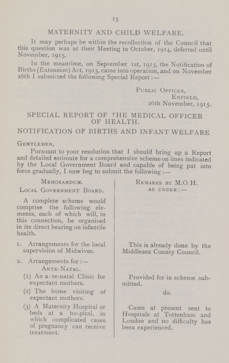 15 MATERNITY AND CHILD WELFARE. It may perhaps be within the recollection of the Council that this question was at their Meeting in October, 1914, deferred until November, 1915. In the meantime, on September 1st, 1915, the Notification of Births (Extension) Act, 1915, came into operation, and on November 26th I submitted the following Special Report:— Public Offices, Enfield, 26th November, 1915. SPECIAL REPORT OF THE MEDICAL OFFICER OF HEALTH. NOTIFICATION OF BIRTHS AND INFANT WELFARE Gentlemen, Pursuant to your resolution that I should bring up a Report and detailed estimate for a comprehensive scheme on lines indicated by the Local Government Board and capable of being put into force gradually, I now beg to submit the following:— Memorandum. Local Government Board. A complete scheme would comprise the following ele ments, each of which will, in this connection, be organised in its direct bearing on infantile health. 1. Arrangements for the local supervision of Midwives. 2. Arrangements for :— Ante-Natal. (1) An a te-natal Clinic for expectant mothers. (2) The home visiting of expectant mothers. (3) A Maternity Hospital or beds at a hospital, in which complicated cases of pregnancy can receive treatment. Remarks by M.O.H. as under:— This is already done by the Middlesex County Council. Provided for in scheme sub mitted. do. Cases at present sent to Hospitals at Tottenham and London and no difficulty has been experienced.