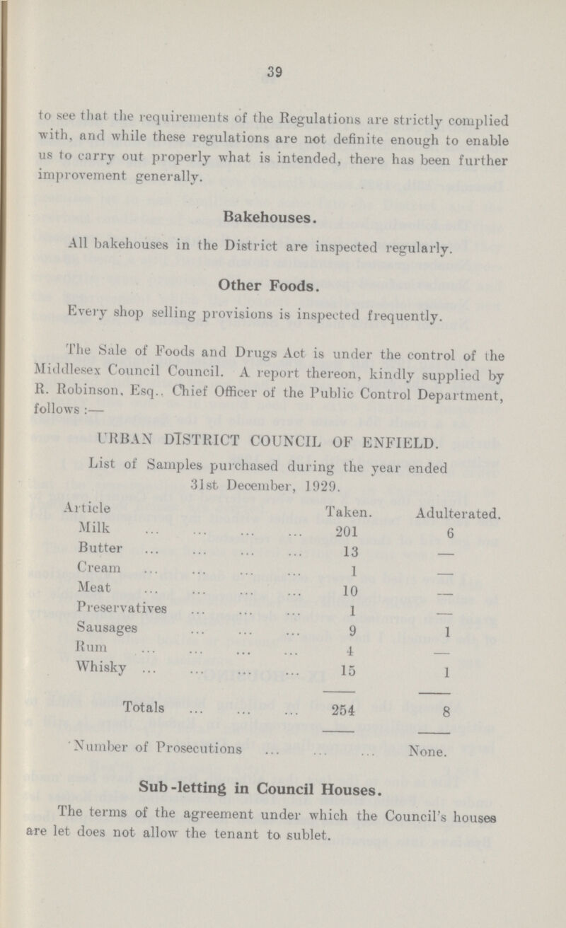 39 to see that the requirements of the Regulations are strictly complied with, and while these regulations are not definite enough to enable us to carry out properly what is intended, there has been further improvement generally. Bakehouses. All bakehouses in the District are inspected regularly. Other Foods. Every shop selling provisions is inspected frequently. The Sale of Foods and Drugs Act is under the control of the Middlesex Council Council. A report thereon, kindly supplied by R. Robinson, Esq.. Chief Officer of the Public Control Department, follows:— URBAN DISTRICT COUNCIL OF ENFIELD. List of Samples purchased during the year ended 31st December, 1929. Article Taken. Adulterated. Milk 201 6 Butter 13 — Cream 1 — Meat 10 — Preservatives 1 — Sausages 9 1 Rum 4 — Whisky 15 1 Totals 254 8 Number of Prosecutions None. Sub-letting in Council Houses. The terms of the agreement under which the Council's houses are let does not allow the tenant to sublet.