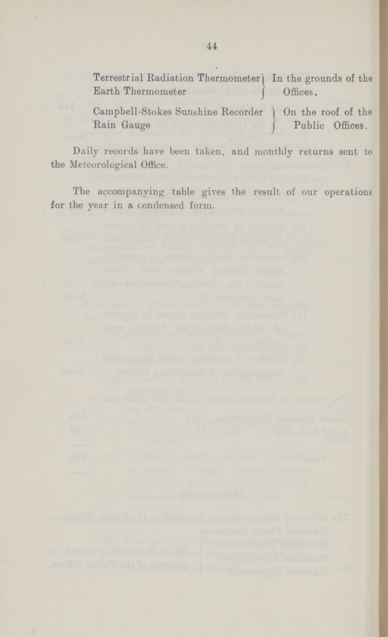 44 Terrestrial Radiation Thermometer In the grounds of the Earth Thermometer In the grounds of the Offices. Campbell-Stokes Sunshine Recorder Rain Gauge On the roof of the Public Offices. Daily records have been taken, and monthly returns sent to the Meteorological Office. The accompanying table gives the result of our operations for the year in a condensed form.