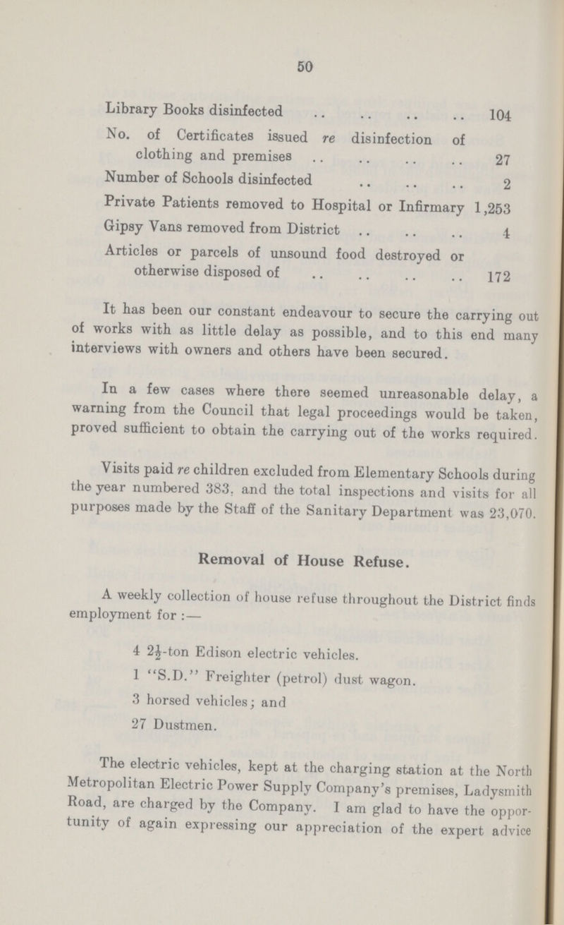 50 Library Books disinfected 104 No. of Certificates issued re disinfection of clothing and premises 27 Number of Schools disinfected 2 Private Patients removed to Hospital or Infirmary 1,253 Gipsy Vans removed from District 1 Articles or parcels of unsound food destroyed or otherwise disposed of 172 It has been our constant endeavour to secure the carrying out of works with as little delay as possible, and to this end many interviews with owners and others have been secured. In a few cases where there seemed unreasonable delay, a warning from the Council that legal proceedings would be taken, proved sufficient to obtain the carrying out of the works required. Visits paid re children excluded from Elementary Schools during the year numbered 383. and the total inspections and visits for all purposes made by the Staff of the Sanitary Department was 23,070. Removal of House Refuse. A weekly collection of house refuse throughout the District finds employment for:— 4 2½-ton Edison electric vehicles. 1 S.D. Freighter (petrol) dust wagon. 3 horsed vehicles; and 27 Dustmen. The electric vehicles, kept at the charging station at the North Metropolitan Electric Power Supply Company's premises, Ladysmith Road, are charged by the Company. I am glad to have the oppor tunity of again expressing our appreciation of the expert advice