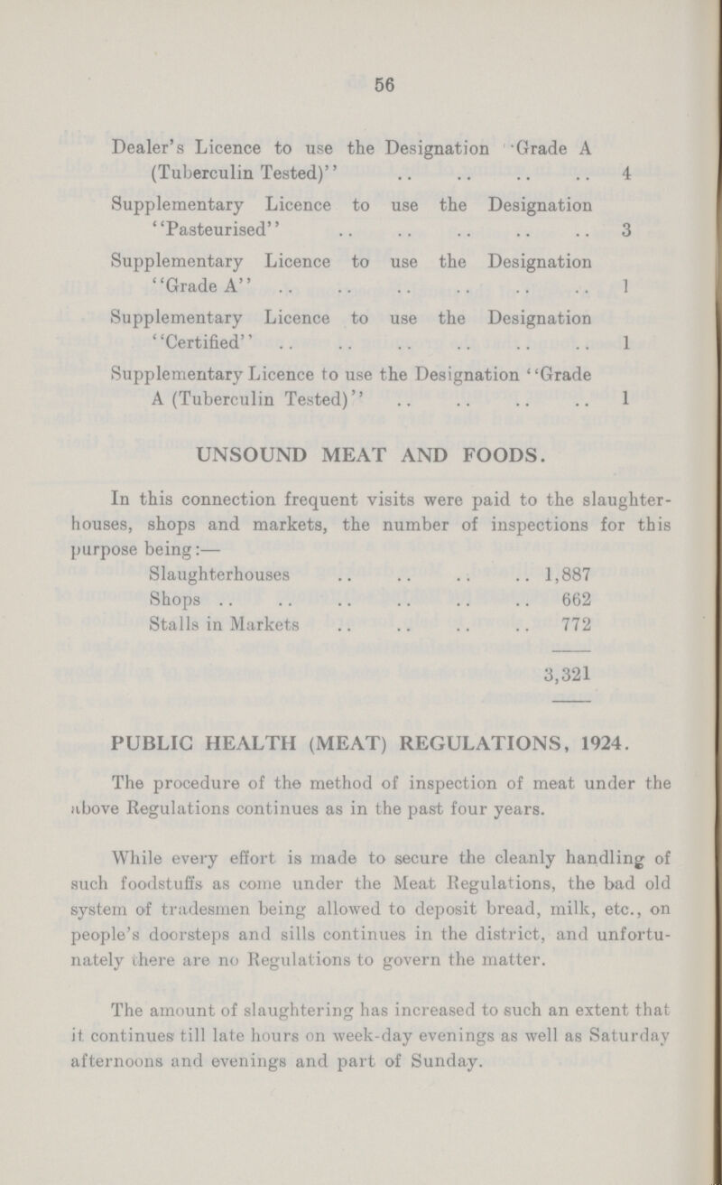 56 Dealer's Licence to use the Designation Grade A (Tuberculin Tested) 4 Supplementary Licence to use the Designation ''Pasteurised'' 3 Supplementary Licence to use the Designation Grade A 1 Supplementary Licence to use the Designation ''Certified'' 1 Supplementary Licence to use the Designation Grade A (Tuberculin Tested) 1 UNSOUND MEAT AND FOODS. In this connection frequent visits were paid to the slaughter houses, shops and markets, the number of inspections for this purpose being:— Slaughterhouses 1,887 Shops 662 Stalls in Markets 772 3,321 PUBLIC HEALTH (MEAT) REGULATIONS, 1924. The procedure of the method of inspection of meat under the above Regulations continues as in the past four years. While every effort is made to secure the cleanly handling of such foodstuffs as come under the Meat Regulations, the bad old system of tradesmen being allowed to deposit bread, milk, etc., on people's doorsteps and sills continues in the district, and unfortu nately there are no Regulations to govern the matter. The amount of slaughtering has increased to such an extent that it. continues till late hours on week-day evenings as well as Saturday afternoons and evenings and part of Sunday.