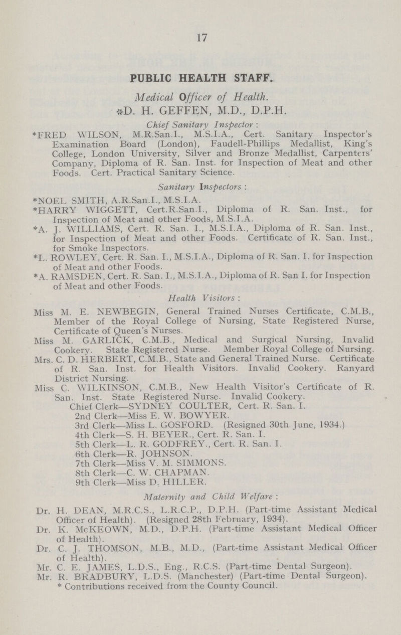 17 PUBLIC HEALTH STAFF. Medical Officer of Health. *D. H. GEFFEN, M.D., D.P.H. Chief Sanitary Inspector : *FRED WILSON, M.R.San.I., M.S.I.A., Cert. Sanitary Inspector's Examination Board (London), Faudell-Phillips Medallist, King's College, London University, Silver and Bronze Medallist, Carpenters' Company, Diploma of R. San. Inst, for Inspection of Meat and other Foods. Cert. Practical Sanitary Science. Sanitary Inspectors : *NOEL SMITH, A.R.San.I., M.S.I.A. *HARRY WIGGETT, Cert.R.San.I., Diploma of R. San. Inst., for Inspection of Meat and other Foods, M.S.I.A. *A. J. WILLIAMS, Cert. R. San. I., M.S.I.A., Diploma of R. San. Inst., for Inspection of Meat and other Foods. Certificate of R. San. Inst., for Smoke Inspectors. *L. ROWLEY, Cert. R. San. I., M.S.I.A., Diploma of R. San. 1. for Inspection of Meat and other Foods. *A. RAMSDEN, Cert. R. San. I., M.S.I.A., Diploma of R. San I. for Inspection of Meat and other Foods. Health Visitors: Miss M. E. NEWBEGIN, General Trained Nurses Certificate, C.M.B., Member of the Royal College of Nursing, State Registered Nurse, Certificate of Queen's Nurses. Miss M. GARLICK, C.M.B., Medical and Surgical Nursing, Invalid Cookery. State Registered Nurse. Member Royal College of Nursing. Mrs. C. D. HERBERT, C.M.B., State and General Trained Nurse. Certificate of R. San. Inst, for Health Visitors. Invalid Cookery. Ranyard District Nursing. Miss C. WILKINSON, C.M.B., New Health Visitor's Certificate of R. San. Inst. State Registered Nurse. Invalid Cookery. Chief Clerk—SYDNEY COULTER, Cert. R. San. I. 2nd Clerk—Miss E. W. BOWYER. 3rd Clerk—Miss L. GOSFORD. (Resigned 30th June, 1934.) 4th Clerk—S. H. BEYER., Cert. R. San. I. 5th Clerk—L. R. GODFREY., Cert. R. San. 1. 6th Clerk—R. JOHNSON. 7th Clerk—Miss V. M. SIMMONS. 8th Clerk—C. W. CHAPMAN. 9th Clerk—Miss D. HILLER. Maternity and Child Welfare: Dr. H. DEAN, M.R.C.S., L.R.C.P., D.P.H. (Part-time Assistant Medical Officer of Health). (Resigned 28th February, 1934). Dr. K. McKEOWN, M.D., D.P.H. (Part-time Assistant Medical Officer of Health). Dr. C. J. THOMSON, M.B., M.D., (Part-time Assistant Medical Officer of Health). Mr. C. E. JAMES, L.D.S., Eng., R.C.S. (Part-time Dental Surgeon). Mr. R. BRADBURY, L.D.S. (Manchester) (Part-time Dental Surgeon). *Contributions received from the County Council.