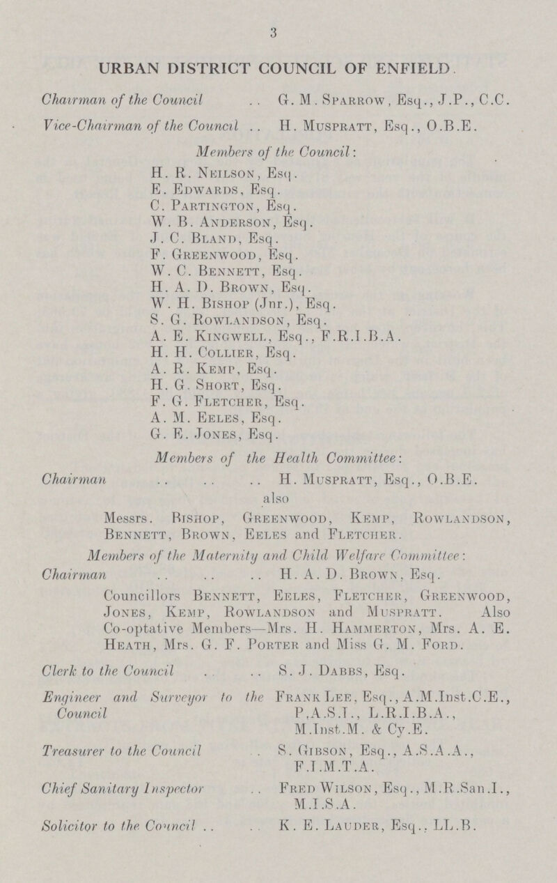 3 URBAN DISTRICT COUNCIL OF ENFIELD Chairman of the Council . . G. M. Sparrow , Esq., J.P., C.C. Vice-Chairman of the Council .. H. Muspratt, Esq., O.B.E. Members of the Council: H. R. Nkilson, Esq . E. Edwards, Esq. C. Partington, Esq. W. B. Anderson, Esq. J. C. Bland, Esq. F. Greenwood, Esq. W. C. Bennett, Esq. H. A. D. Brown, Esq. W. H. Bishop (Jnr.), Esq. S. G. Rowi.andson, Esq. A. E. Kingwell, Esq., F.R.I.B.A. H. H. Collier, Esq. A. R. Kemp, Esq. H. G. Short, Esq. F. G. Fletcher, Esq. A. M. Eeles, Esq. G. E. Jones, Esq. Members of the Health Committee: Chairman H. Muspratt, Esq., O.B.E. also Messrs. Bishop, Greenwood, Kemp, Rowlandson, Bennett, Brown. Eeles and Fletcher. Members of the Maternity and Child Welfare Committee. Chairman H.A.D. Brown , Esq. Councillors Bennett, Eeles, Fletcher, Greenwood, Jones, Kemp, Rowlandson and Muspratt. Also Co-optative Members—Mrs. H. Hammerton, Mrs. A. E. Heath, Mrs. G. F. Porter and Miss G. M. Ford. Clerk to the Council S.J. Dabbs, Esq. Engineer and Surveyor to the Frank Lee, Esq., A.M.Inst.C.E., Council P.A.S.T., L.R.I.B.A., M.Tnst.M. & Cy.E. Treasurer to the Council . S. Gibson, Esq.. A.S.A.A., F.T.M.T.A. Chief Sanitary Inspector Fred Wilson, Esq., M.R.San.I., M.I.S.A. Solicitor to the Council K. E. Lauder, Esq., LL.B.