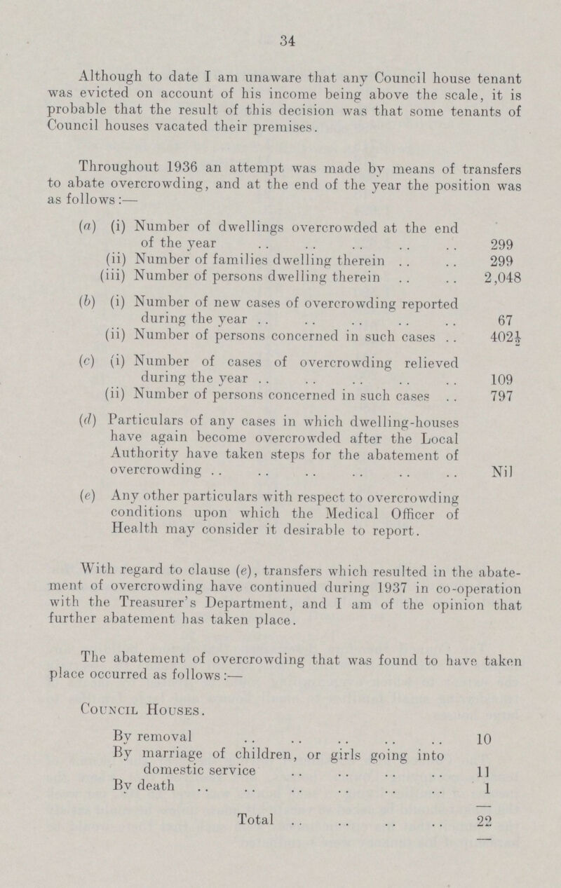 34 Although to date I am unaware that any Council house tenant was evicted on account of his income being above the scale, it is probable that the result of this decision was that some tenants of Council houses vacated their premises. Throughout 1936 an attempt was made by means of transfers to abate overcrowding, and at the end of the year the position was as follows:— (a) (i) Number of dwellings overcrowded at the end of the year 299 (ii) Number of families dwelling therein 299 (iii) Number of persons dwelling therein 2,048 (b) (i) Number of new cases of overcrowding reported during the year 67 (ii) Number of persons concerned in such cases 402½ (c) (i) Number of cases of overcrowding relieved during the year 109 (ii) Number of persons concerned in such cases 797 (d) Particulars of any cases in which dwelling-houses have again become overcrowded after the Local Authority have taken steps for the abatement of overcrowding Nil (c) Any other particulars with respect to overcrowding conditions upon which the Medical Officer of Health may consider it desirable to report. With regard to clause (e), transfers which resulted in the abate ment of overcrowding have continued during 1937 in co-operation with the Treasurer's Department, and I am of the opinion that further abatement has taken place. The abatement of overcrowding that was found to have taken place occurred as follows:— Council Houses. By removal 10 By marriage of children, or girls going into domestic service 11 By death 1 Total 22