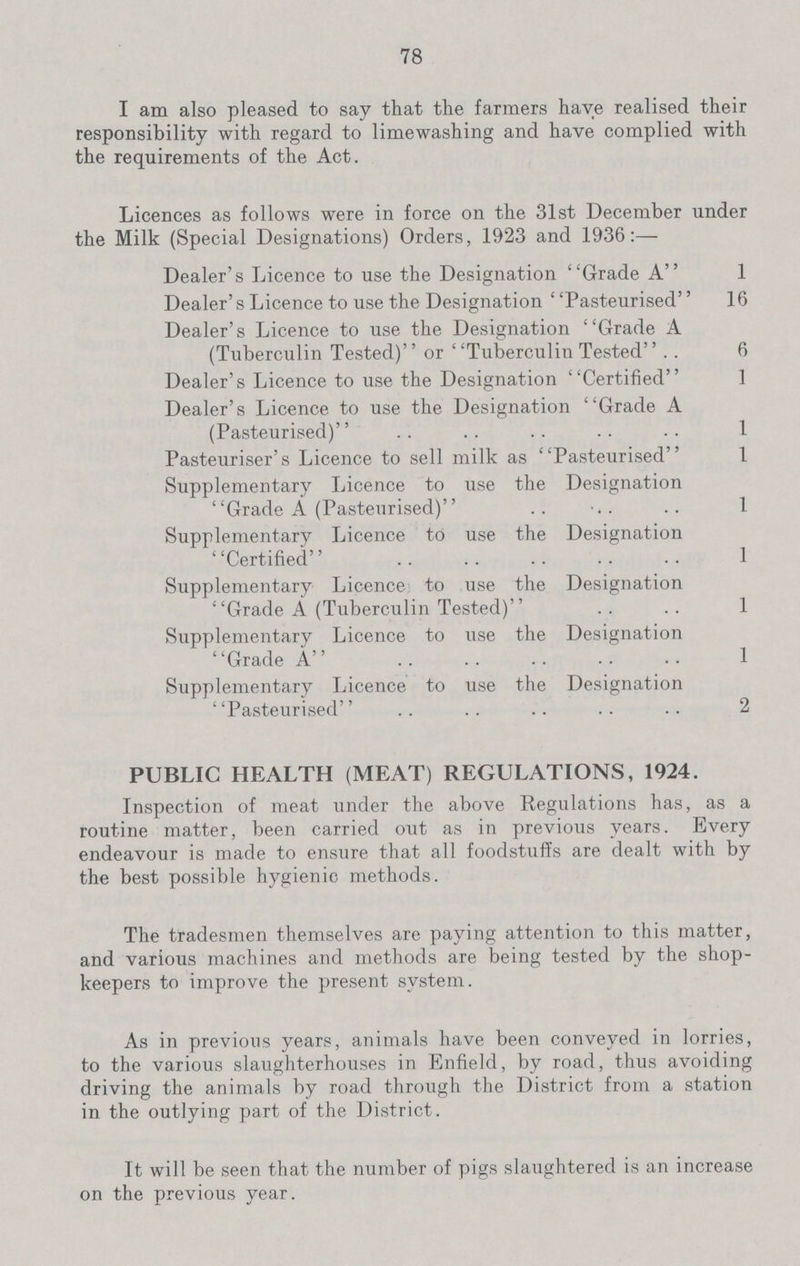 78 I am also pleased to say that the farmers have realised their responsibility with regard to lime washing and have complied with the requirements of the Act. Licences as follows were in force on the 31st December under the Milk (Special Designations) Orders, 1923 and 1936:— Dealer's Licence to use the Designation Grade A 1 Dealer's Licence to use the Designation Pasteurised'' 16 Dealer's Licence to use the Designation Grade A (Tuberculin Tested) or Tuberculin Tested 6 Dealer's Licence to use the Designation Certified 1 Dealer's Licence to use the Designation Grade A (Pasteurised) 1 Pasteuriser's Licence to sell milk as Pasteurised 1 Supplementary Licence to use the Designation Grade A (Pasteurised) 1 Supplementary Licence to use the Designation Certified 1 Supplementary Licence to use the Designation Grade A (Tuberculin Tested) 1 Supplementary Licence to use the Designation Grade A 1 Supplementary Licence to use the Designation Pasteurised 2 PUBLIC HEALTH (MEAT) REGULATIONS, 1924. Inspection of meat under the above Regulations has, as a routine matter, been carried out as in previous years. Every endeavour is made to ensure that all foodstuffs are dealt with by the best possible hygienic methods. The tradesmen themselves are paying attention to this matter, and various machines and methods are being tested by the shop keepers to improve the present system. As in previous years, animals have been conveyed in lorries, to the various slaughterhouses in Enfield, by road, thus avoiding driving the animals by road through the District from a station in the outlying part of the District. It will be seen that the number of pigs slaughtered is an increase on the previous year.