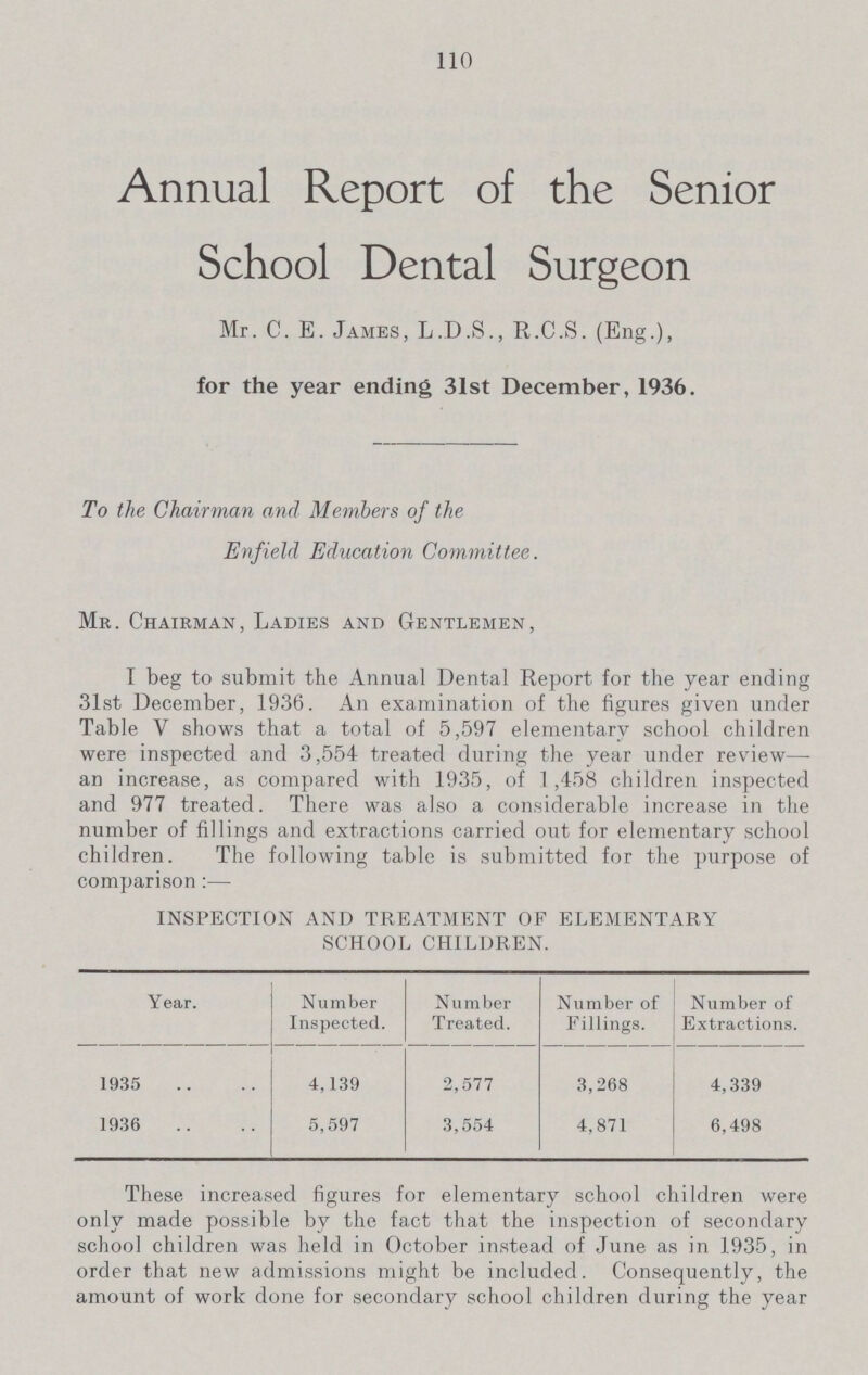 110 Annual Report of the Senior School Dental Surgeon Mr. C. E. James, L.D.S., R.C.S. (Eng.), for the year ending 31st December, 1936. To the Chairman and Members of the Enfield Education Committee. Mr. Chairman, Ladies and Gentlemen, I beg to submit the Annual Dental Report for the year ending 31st December, 1936. An examination of the figures given under Table V shows that a total of 5,597 elementary school children were inspected and 3,554 treated during the year under review— an increase, as compared with 1935, of 1,458 children inspected and 977 treated. There was also a considerable increase in the number of fillings and extractions carried out for elementary school children. The following table is submitted for the purpose of comparison:— INSPECTION AND TREATMENT OF ELEMENTARY SCHOOL CHILDREN. Year. Number Inspected. Number Treated. Number of Fillings. Number of Extractions. 1935 4,139 2,577 3,268 4,339 1936 5,597 3,554 4,871 6,498 These increased figures for elementary school children were only made possible by the fact that the inspection of secondary school children was held in October instead of June as in 1935, in order that new admissions might be included. Consequently, the amount of work done for secondary school children during the year