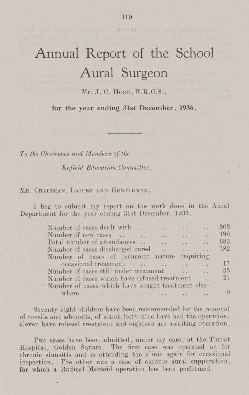 119 Annual Report of the School Aural Surgeon Mr. J. C. Hogg, F.R.C.8., for the year ending 31st December, 1936. To the Chairman and Members of the Enfield Education Committee. Mr. Chairman, Ladies and Gentlemen, I beg to submit my report on the work done in the Aural Department for the year ending 31st December, 1936. Number of cases dealt with 303 Number of new cases 198 Total number of attendances 683 Number of cases discharged cured 182 Number of cases of recurrent nature requiring occasional treatment 17 Number of cases still under treatment 35 Number of cases which have refused treatment 21 Number of cases which have sought treatment else where 9 Seventy-eight children have been recommended for the removal of tonsils and adenoids, of which forty-nine, have had the operation, eleven have refused treatment and eighteen are awaiting operation. Two cases have been admitted, under my care, at the Throat Hospital, Golden Square. The first case was operated on for chronic sinusitis and is attending the clinic again for occasional inspection. The other was a case of chronic aural suppuration, for which a Radical Mastoid operation has been performed.