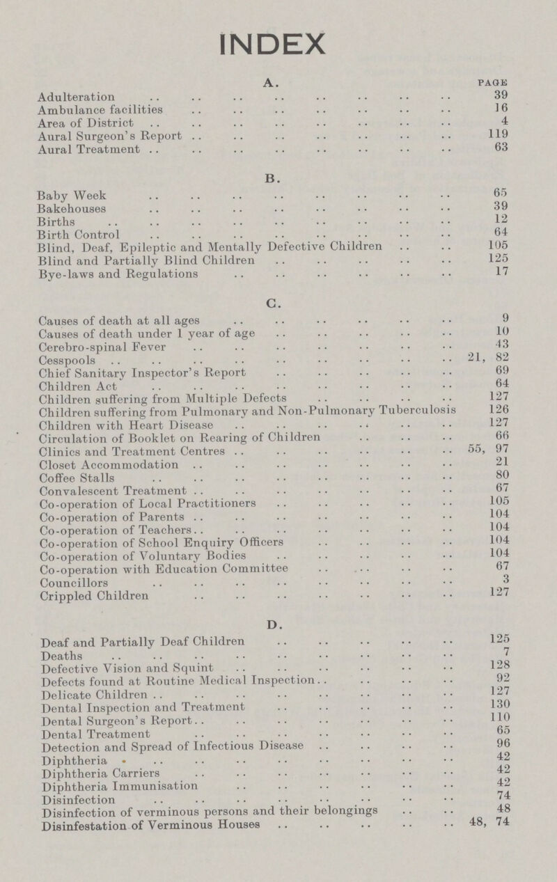 INDEX A. page Adulteration 39 Ambulance facilities 16 Area of District 4 Aural Surgeon's Report 119 Aural Treatment 63 B. Baby Week 65 Bakehouses 39 Births 12 Birth Control 64 Blind, Deaf, Epileptic and Mentally Defective Children 105 Blind and Partially Blind Children 125 Bye-laws and Regulations 17 C. Causes of death at all ages 9 Causes of death under 1 year of age 10 Cerebro-spinal Fever 43 Cesspools 21, 82 Chief Sanitary Inspector's Report 69 Children Act 64 Children suffering from Multiple Defects 127 Children suffering from Pulmonary and Non-Pulmonary Tuberculosis 126 Children with Heart Disease 127 Circulation of Booklet on Rearing of Children 66 Clinics and Treatment Centres 55, 97 Closet Accommodation 21 Coffee Stalls 80 Convalescent Treatment 67 Co-operation of Local Practitioners 105 Co-operation of Parents 104 Co-operation of Teachers 104 Co-operation of School Enquiry Officers 104 Co-operation of Voluntary Bodies 104 Co-operation with Education Committee 67 Councillors 3 Crippled Children 127 D. Deaf and Partially Deaf Children 125 Deaths . . 7 Defective Vision and Squint 128 Defects found at Routine Medical Inspection 92 Delicate Children 127 Dental Inspection and Treatment 130 Dental Surgeon's Report 110 Dental Treatment 65 Detection and Spread of Infectious Disease 96 Diphtheria 42 Diphtheria Carriers 42 Diphtheria Immunisation 42 Disinfection 74 Disinfection of verminous persons and their belongings 48 Disinfestation of Verminous Houses 48, 74