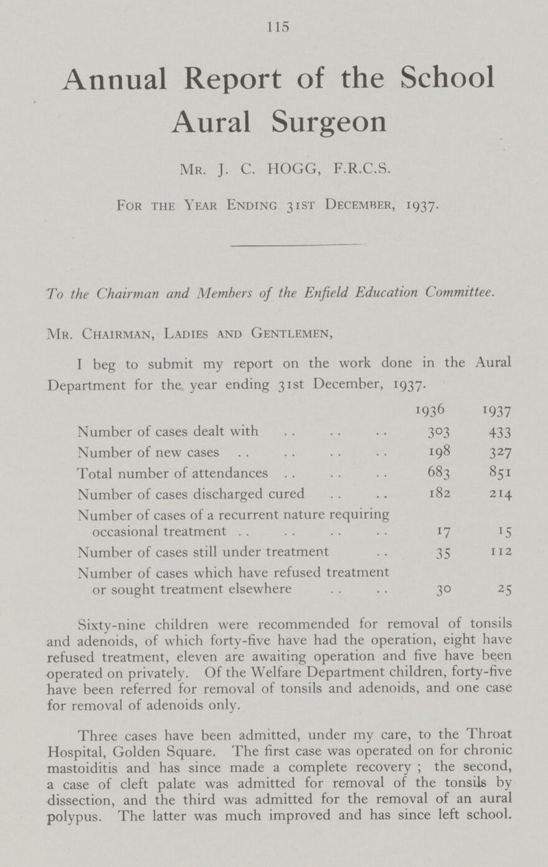 115 Annual Report of the School Aural Surgeon Mr. J. C. HOGG, F.R.C.S. For the Year Ending 31st December, 1937. To the Chairman and Members of the Enfield Education Committee. Mr. Chairman, Ladies and Gentlemen, I beg to submit my report on the work done in the Aural Department for the year ending 31st December, 1937. 1936 1937 Number of cases dealt with 303 433 Number of new cases 198 327 Total number of attendances 683 851 Number of cases discharged cured 182 214 Number of cases of a recurrent nature requiring occasional treatment 17 15 Number of cases still under treatment 35 112 Number of cases which have refused treatment or sought treatment elsewhere 30 25 Sixty-nine children were recommended for removal of tonsils and adenoids, of which forty-five have had the operation, eight have refused treatment, eleven are awaiting operation and five have been operated on privately. Of the Welfare Department children, forty-five have been referred for removal of tonsils and adenoids, and one case for removal of adenoids only. Three cases have been admitted, under my care, to the Throat Hospital, Golden Square. The first case was operated on for chronic mastoiditis and has since made a complete recovery; the second, a case of cleft palate was admitted for removal of the tonsils by dissection, and the third was admitted for the removal of an aural polypus. The latter was much improved and has since left school.