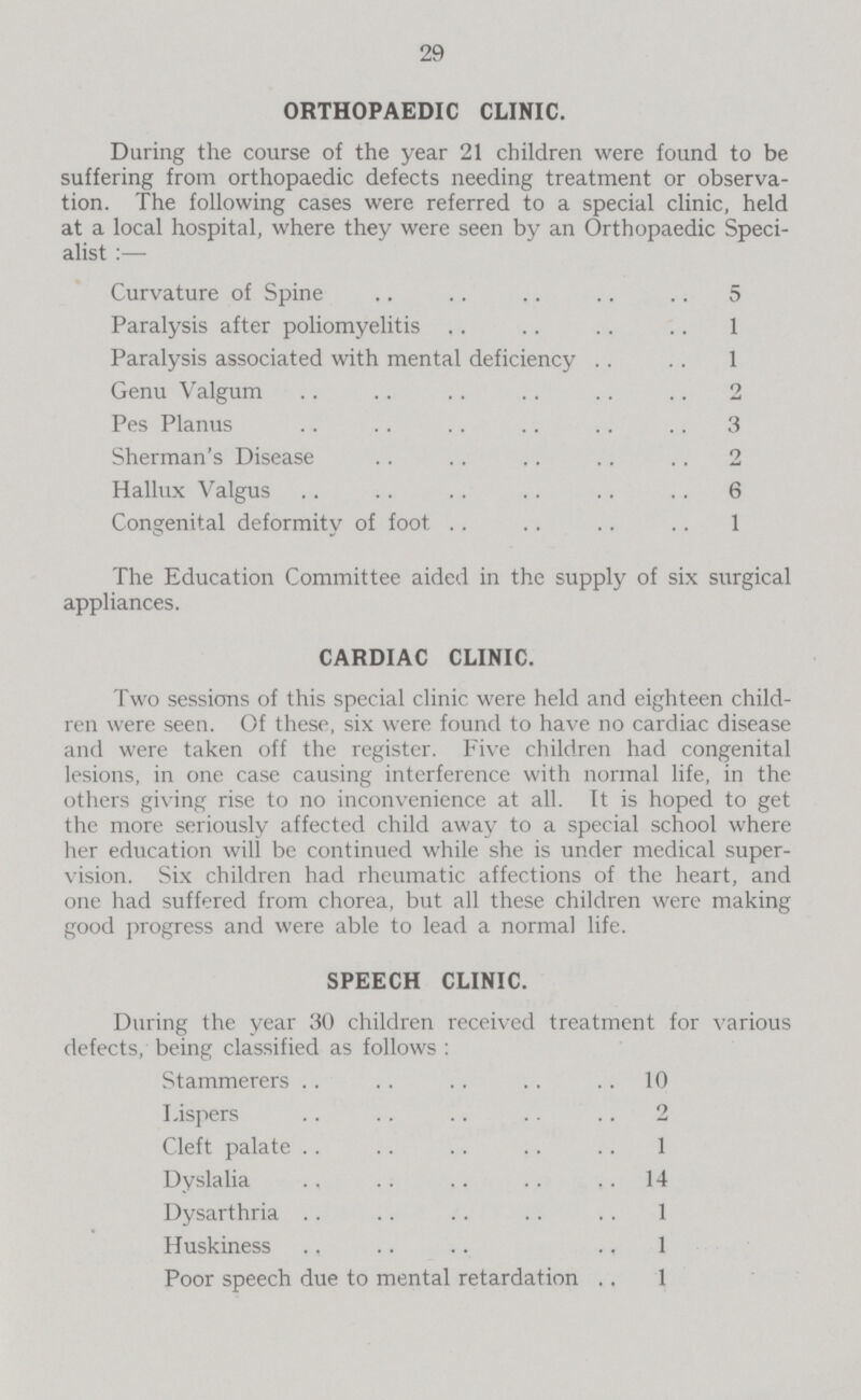 29 ORTHOPAEDIC CLINIC. During the course of the year 21 children were found to be suffering from orthopaedic defects needing treatment or observa tion. The following cases were referred to a special clinic, held at a local hospital, where they were seen by an Orthopaedic Speci alist:— Curvature of Spine 5 Paralysis after poliomyelitis 1 Paralysis associated with mental deficiency 1 Genu Valgum 2 Pes Planus 3 Sherman's Disease 2 Hallux Valgus 6 Congenital deformity of foot 1 The Education Committee aided in the supply of six surgical appliances. CARDIAC CLINIC. Two sessions of this special clinic were held and eighteen child ren were seen. Of these, six were found to have no cardiac disease and were taken off the register. Five children had congenital lesions, in one case causing interference with normal life, in the others giving rise to no inconvenience at all. It is hoped to get the more seriously affected child away to a special school where her education will be continued while she is under medical super vision. Six children had rheumatic affections of the heart, and one had suffered from chorea, but all these children were making good progress and were able to lead a normal life. SPEECH CLINIC. During the year 30 children received treatment for various defects, being classified as follows: Stammerers 10 Lispers 2 Cleft palate 1 Dyslalia 14 Dysarthria 1 Huskiness 1 Poor speech due to mental retardation 1