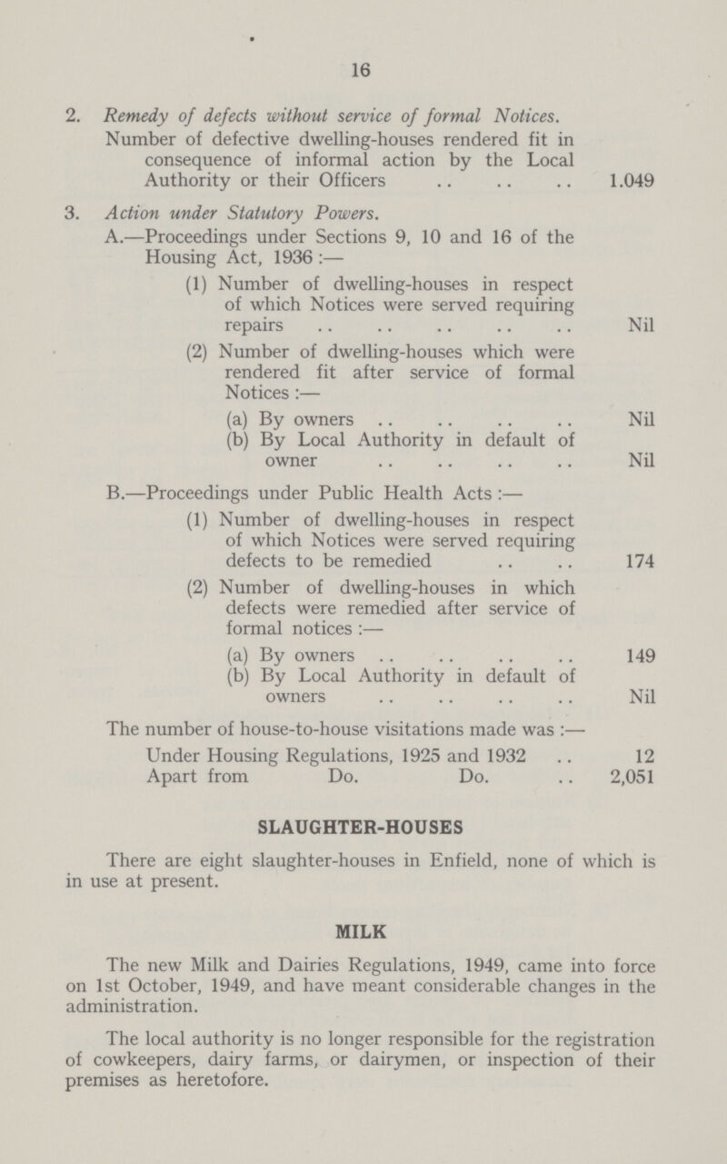 16 2. Remedy of defects without service of formal Notices. Number of defective dwelling-houses rendered fit in consequence of informal action by the Local Authority or their Officers 1.049 3. Action under Statutory Powers. A.—Proceedings under Sections 9, 10 and 16 of the Housing Act, 1936:— (1) Number of dwelling-houses in respect of which Notices were served requiring repairs Nil (2) Number of dwelling-houses which were rendered fit after service of formal Notices:— (a) By owners Nil (b) By Local Authority in default of owner Nil B.—Proceedings under Public Health Acts:— (1) Number of dwelling-houses in respect of which Notices were served requiring defects to be remedied 174 (2) Number of dwelling-houses in which defects were remedied after service of formal notices:— (a) By owners 149 (b) By Local Authority in default of owners Nil The number of house-to-house visitations made was:— Under Housing Regulations, 1925 and 1932 12 Apart from Do. Do. 2,051 SLAUGHTER-HOUSES There are eight slaughter-houses in Enfield, none of which is in use at present. MILK The new Milk and Dairies Regulations, 1949, came into force on 1st October, 1949, and have meant considerable changes in the administration. The local authority is no longer responsible for the registration of cowkeepers, dairy farms, or dairymen, or inspection of their premises as heretofore.