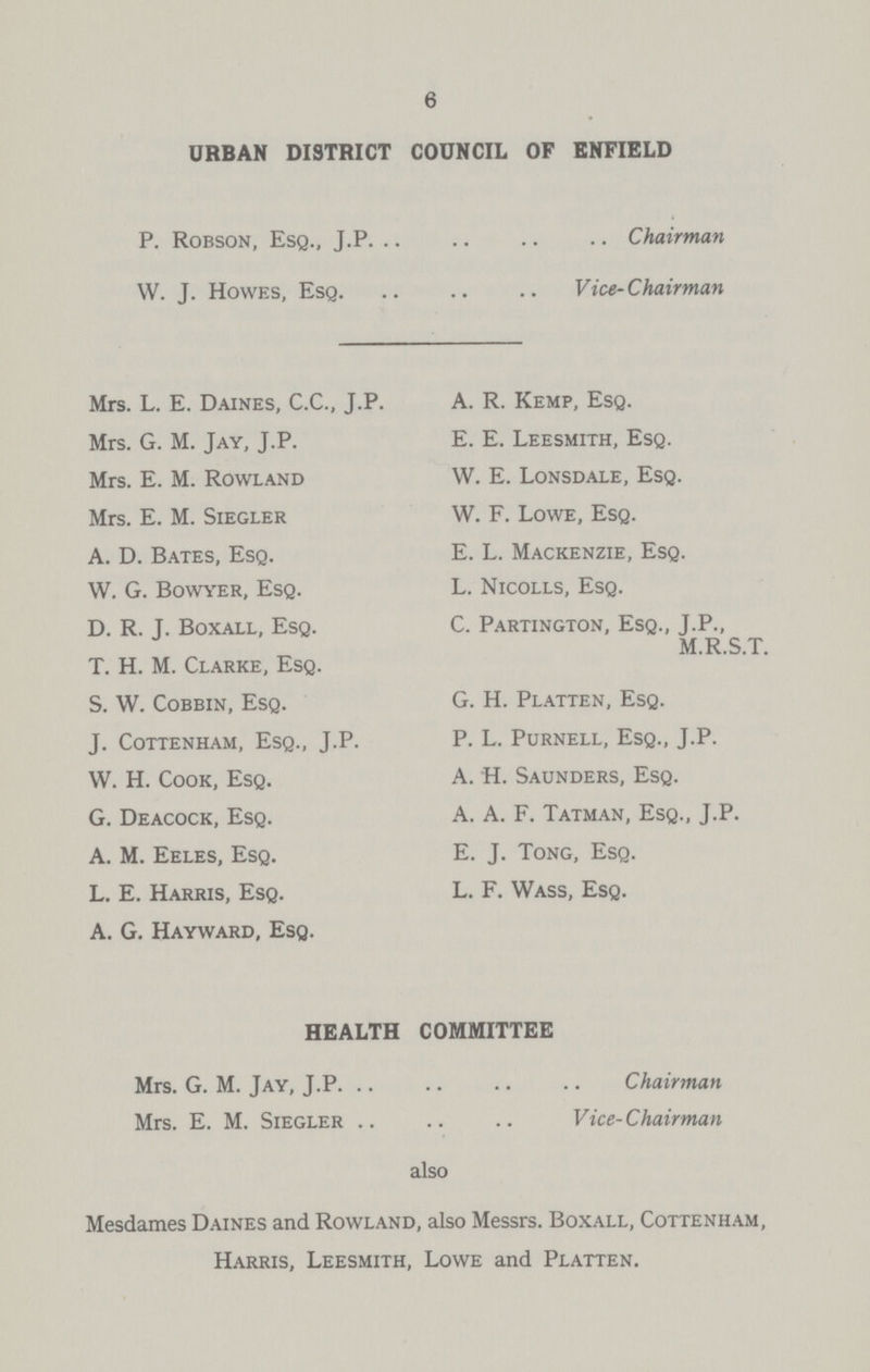 6 URBAN DISTRICT COUNCIL OF ENFIELD P. Robson, Esq., J.P Chairman W. J. Howes, Esq Vice-Chairman Mrs. L. E. Daines, C.C., J.P. Mrs. G. M. Jay, J.P. Mrs. E. M. Rowland Mrs. E. M. Siegler A. D. Bates, Esq. W. G. Bowyer, Esq. D. R. J. Boxall, Esq. T. H. M. Clarke, Esq. S. W. Cobbin, Esq. J. Cottenham, Esq., J.P. W. H. Cook, Esq. G. Deacock, Esq. A. M. Eeles, Esq. L. E. Harris, Esq. A. G. Hayward, Esq. A. R. Kemp, Esq. E. E. Leesmith, Esq. W. E. Lonsdale, Esq. W. F. Lowe, Esq. E. L. Mackenzie, Esq. L. Nicolls, Esq. C. Partington, Esq., J.P., M.R.S.T. G. H. Platten, Esq. P. L. Purnell, Esq., J.P. A. H. Saunders, Esq. A. A. F. Tatman, Esq., J.P. E. J. Tong, Esq. L. F. Wass, Esq. HEALTH COMMITTEE Mrs. G. M. Jay, J.P Chairman Mrs. E. M. Siegler Vice-Chairman also Mesdames Daines and Rowland, also Messrs. Boxall, Cottenham, Harris, Leesmith, Lowe and Platten.