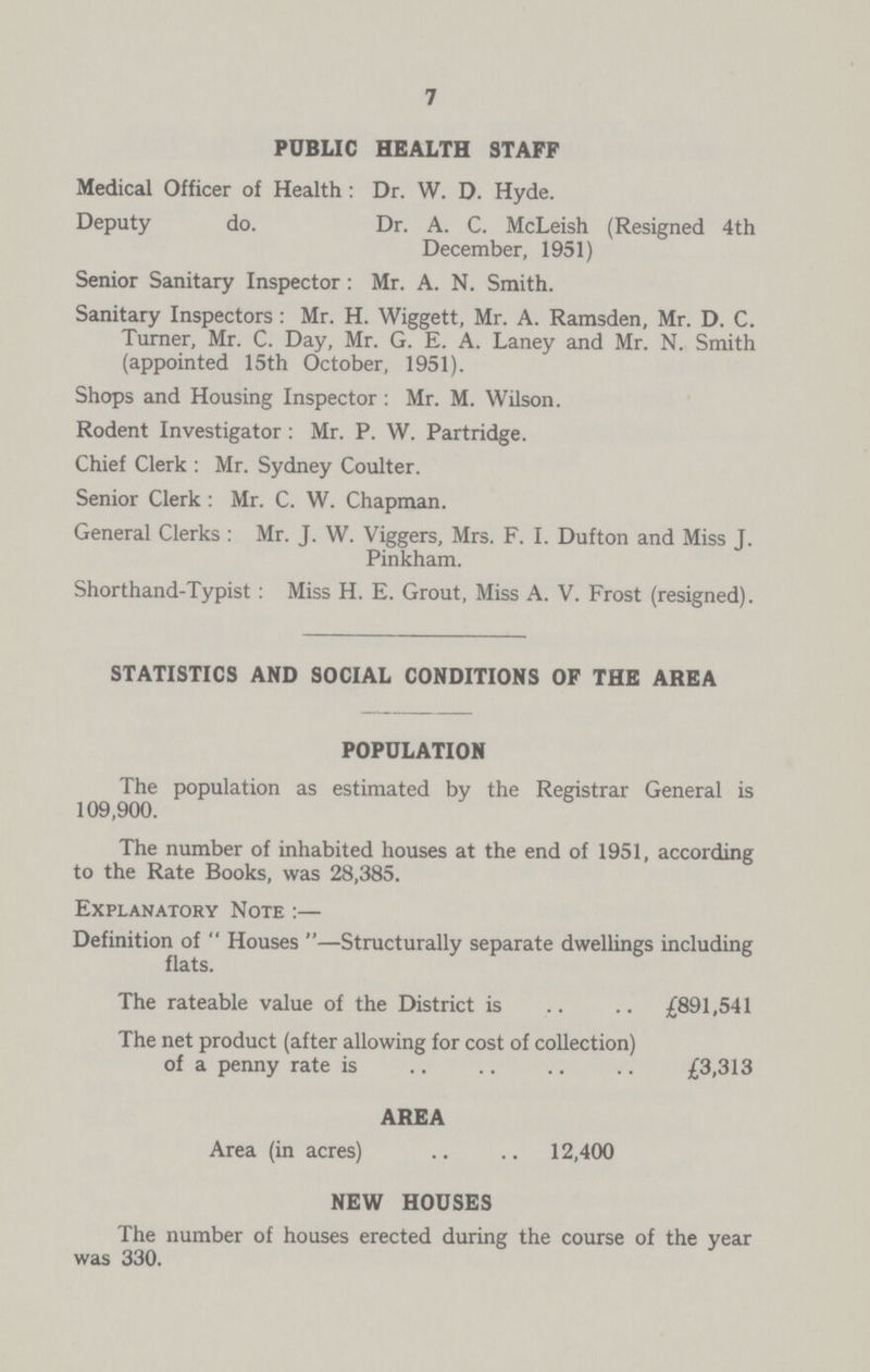 7 PUBLIC HEALTH STAFF Medical Officer of Health : Dr. W. D. Hyde. Deputy do. Dr. A. C. McLeish (Resigned 4th December, 1951) Senior Sanitary Inspector: Mr. A. N. Smith. Sanitary Inspectors: Mr. H. Wiggett, Mr. A. Ramsden, Mr. D. C. Turner, Mr. C. Day, Mr. G. E. A. Laney and Mr. N. Smith (appointed 15th October, 1951). Shops and Housing Inspector: Mr. M. Wilson. Rodent Investigator: Mr. P. W. Partridge. Chief Clerk : Mr. Sydney Coulter. Senior Clerk : Mr. C. W. Chapman. General Clerks: Mr. J. W. Viggers, Mrs. F. I. Dufton and Miss J. Pinkham. Shorthand-Typist: Miss H. E. Grout, Miss A. V. Frost (resigned). STATISTICS AND SOCIAL CONDITIONS OF THE AREA POPULATION The population as estimated by the Registrar General is 109,900. The number of inhabited houses at the end of 1951, according to the Rate Books, was 28,385. Explanatory Note :— Definition of  Houses —Structurally separate dwellings including flats. The rateable value of the District is £891,541 The net product (after allowing for cost of collection) of a penny rate is £3,313 AREA Area (in acres) 12,400 NEW HOUSES The number of houses erected during the course of the year was 330.