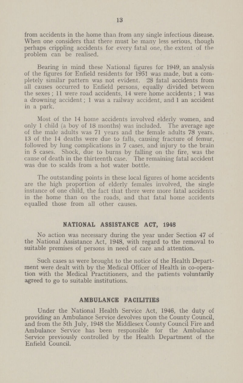 13 from accidents in the home than from any single infectious disease. When one considers that there must be many less serious, though perhaps crippling accidents for every fatal one, the extent of the problem can be realised. Bearing in mind these National figures for 1949, an analysis of the figures for Enfield residents for 1951 was made, but a com pletely similar pattern was not evident. 28 fatal accidents from all causes occurred to Enfield persons, equally divided between the sexes ; 11 were road accidents, 14 were home accidents ; 1 was a drowning accident; 1 was a railway accident, and 1 an accident in a park. Most of the 14 home accidents involved elderly women, and only 1 child (a boy of 18 months) was included. The average age of the male adults was 71 years and the female adults 78 years. 13 of the 14 deaths were due to falls, causing fracture of femur, followed by lung complications in 7 cases, and injury to the brain in 5 cases. Shock, due to burns by falling on the fire, was the cause of death in the thirteenth case. The remaining fatal accident was due to scalds from a hot water bottle. The outstanding points in these local figures of home accidents are the high proportion of elderly females involved, the single instance of one child, the fact that there were more fatal accidents in the home than on the roads, and that fatal home accidents equalled those from all other causes. NATIONAL ASSISTANCE ACT, 1948 No action was necessary during the year under Section 47 of the National Assistance Act, 1948, with regard to the removal to suitable premises of persons in need of care and attention. Such cases as were brought to the notice of the Health Depart ment were dealt with by the Medical Officer of Health in co-opera tion with the Medical Practitioners, and the patients voluntarily agreed to go to suitable institutions. AMBULANCE FACILITIES Under the National Health Service Act, 1946, the duty of providing an Ambulance Service devolves upon the County Council, and from the 5th July, 1948 the Middlesex County Council Fire and Ambulance Service has been responsible for the Ambulance Service previously controlled by the Health Department of the Enfield Council.