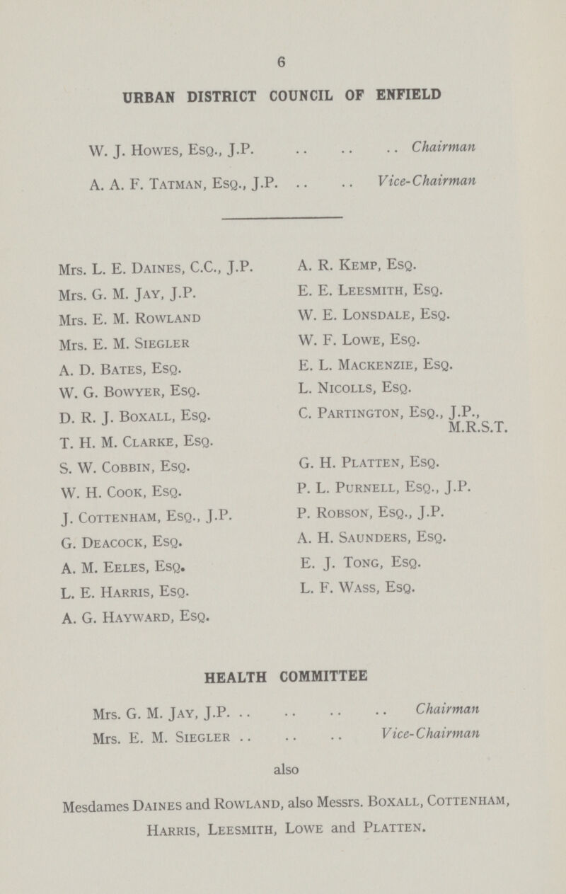 6 URBAN DISTRICT COUNCIL OF ENFIELD W. J. Howes, Esq., J.P. Chairman A. A. F. Tatman, Esq., J.P. Vice-Chairman Mrs. L. E. Daines, C.C., J.P. Mrs. G. M. Jay, J.P. Mrs. E. M. Rowland Mrs. E. M. Siegler A. D. Bates, Esq. W. G. Bowyer, Esq. D. R. J. Boxall, Esq. T. H. M. Clarke, Esq. S. W. Cobbin, Esq. W. H. Cook, Esq. J. CoTTENHAM, ESQ., J.P. G. Deacock, Esq. A. M. Eeles, Esq. L. E. Harris, Esq. A. G. Hayward, Esq. A. R. Kemp, Esq. E. E. Leesmith, Esq. W. E. Lonsdale, Esq. W. F. Lowe, Esq. E. L. Mackenzie, Esq. L. Nicolls, Esq. C. Partington, Esq., J.P., M.R.S.T. G. H. Platten, Esq. P. L. Purnell, Esq., J.P. P. Robson, Esq., J.P. A. H. Saunders, Esq. E. J. Tong, Esq. L. F. Wass, Esq. HEALTH COMMITTEE Mrs. G. M. Jay, J.P Chairman Mrs. E. M. Siegler Vice-Chairman also Mesdames Daines and Rowland, also Messrs. Boxall, Cottenham, Harris, Leesmith, Lowe and Platten.