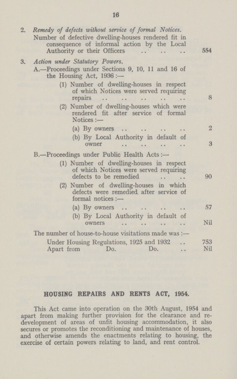 16 2. Remedy of defects without service of formal Notices. Number of defective dwelling-houses rendered fit in consequence of informal action by the Local Authority or their Officers 554 3. Action under Statutory Powers. A.—Proceedings under Sections 9, 10, 11 and 16 of the Housing Act, 1936:— (1) Number of dwelling-houses in respect of which Notices were served requiring repairs 8 (2) Number of dwelling-houses which were rendered fit after service of formal Notices:— (a) By owners 2 (b) By Local Authority in default of owner 3 B.—Proceedings under Public Health Acts :— (1) Number of dwelling-houses in respect of which Notices were served requiring defects to be remedied 90 (2) Number of dwelling-houses in which defects were remedied after service of formal notices:— (a) By owners 57 (b) By Local Authority in default of owners Nil The number of house-to-house visitations made was :— Under Housing Regulations, 1925 and 1932 753 Apart from Do. Do. Nil HOUSING REPAIRS AND RENTS ACT, 1954. This Act came into operation on the 30th August, 1954 and apart from making further provision for the clearance and re development of areas of unfit housing accommodation, it also secures or promotes the reconditioning and maintenance of houses, and otherwise amends the enactments relating to housing, the exercise of certain powers relating to land, and rent control.